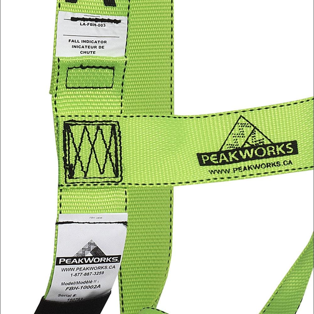 Arnés de seguridad de cuerpo completo PeakWorks, cumple con normativas, ajuste de 3 puntos con indicador de caída, anilla D en la espalda, hebillas de pierna de paso a través, color verde de alta visibilidad, ajuste universal V8001000.