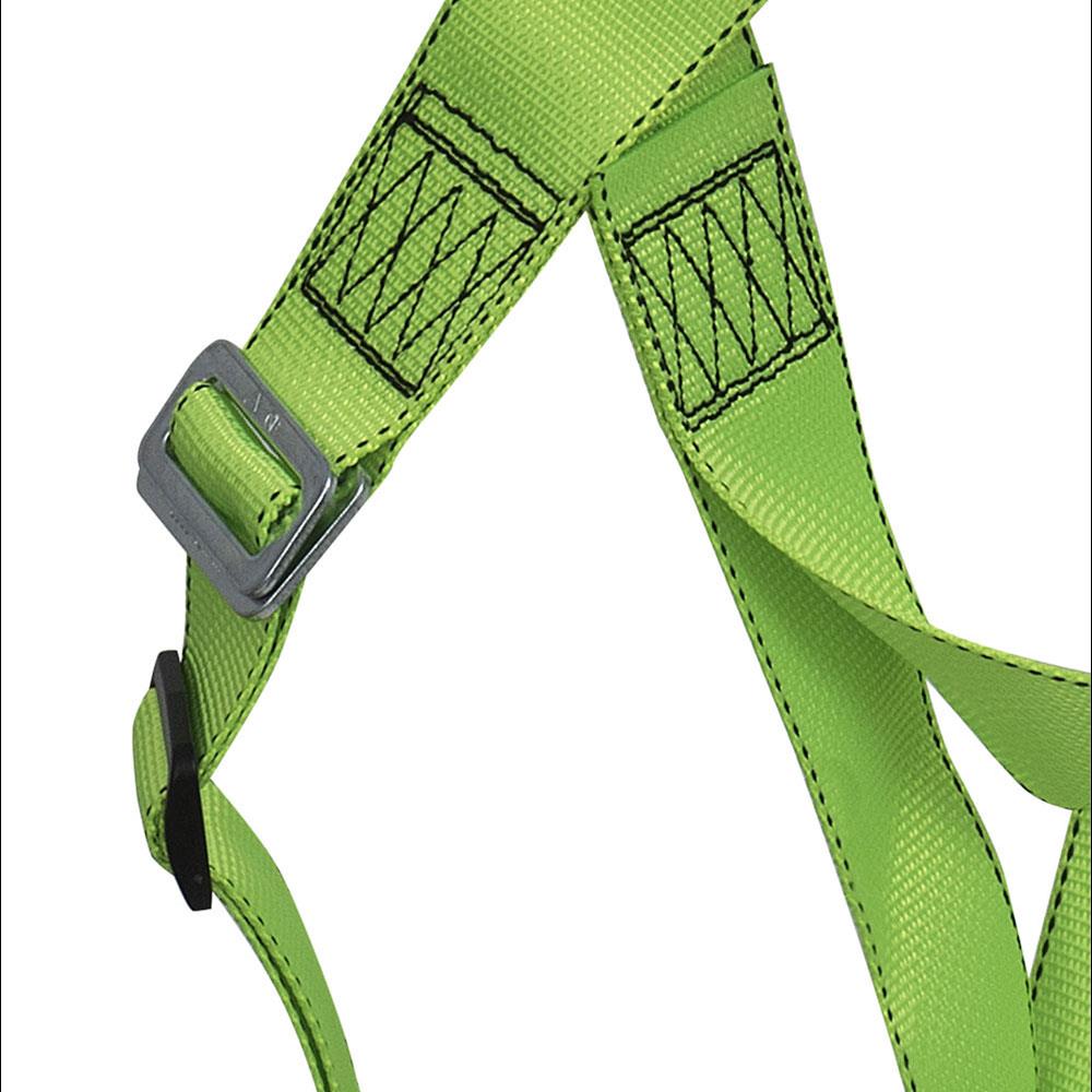 Arnés de seguridad de cuerpo completo PeakWorks, cumple con normativas, ajuste de 3 puntos con indicador de caída, anilla D en la espalda, hebillas de pierna de paso a través, color verde de alta visibilidad, ajuste universal V8001000.