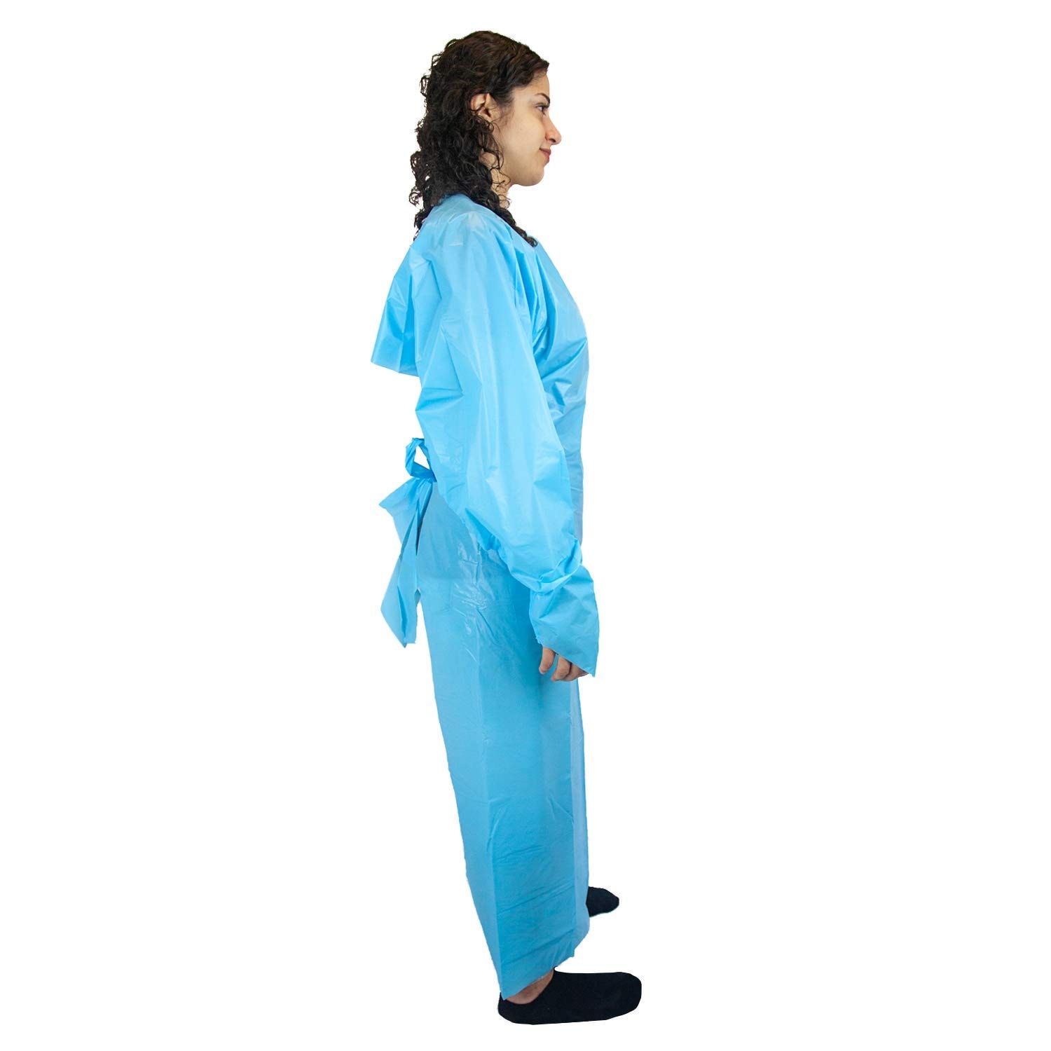 Bata desechable de polietileno fundido azul BISON LIFE 54 x 79 pulgadas con presillas para los pulgares (Paquete de 25) BLSH-MS20-CPE-BL-25
