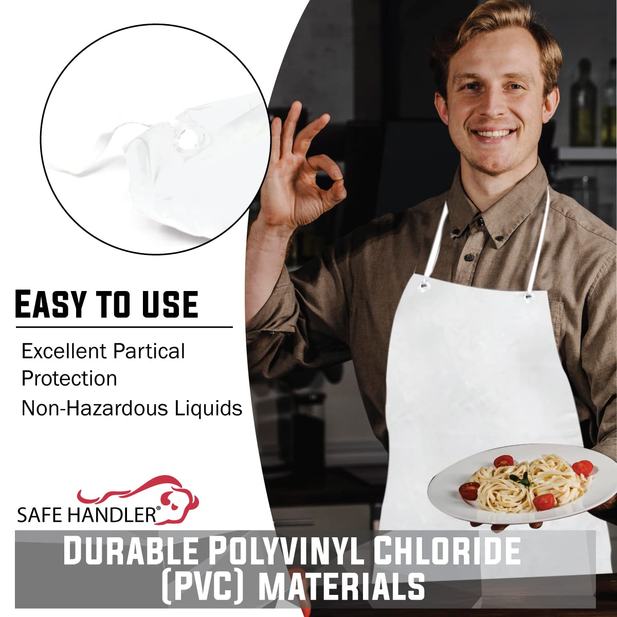 BISON LIFE 43.3" X 34" Delantal Impermeable de PVC Blanco, Resistente al Aceite y Productos Químicos, Correa de Cuello Ajustable (paquete de 2) BLSH-ES-PVC-AP1W-2
