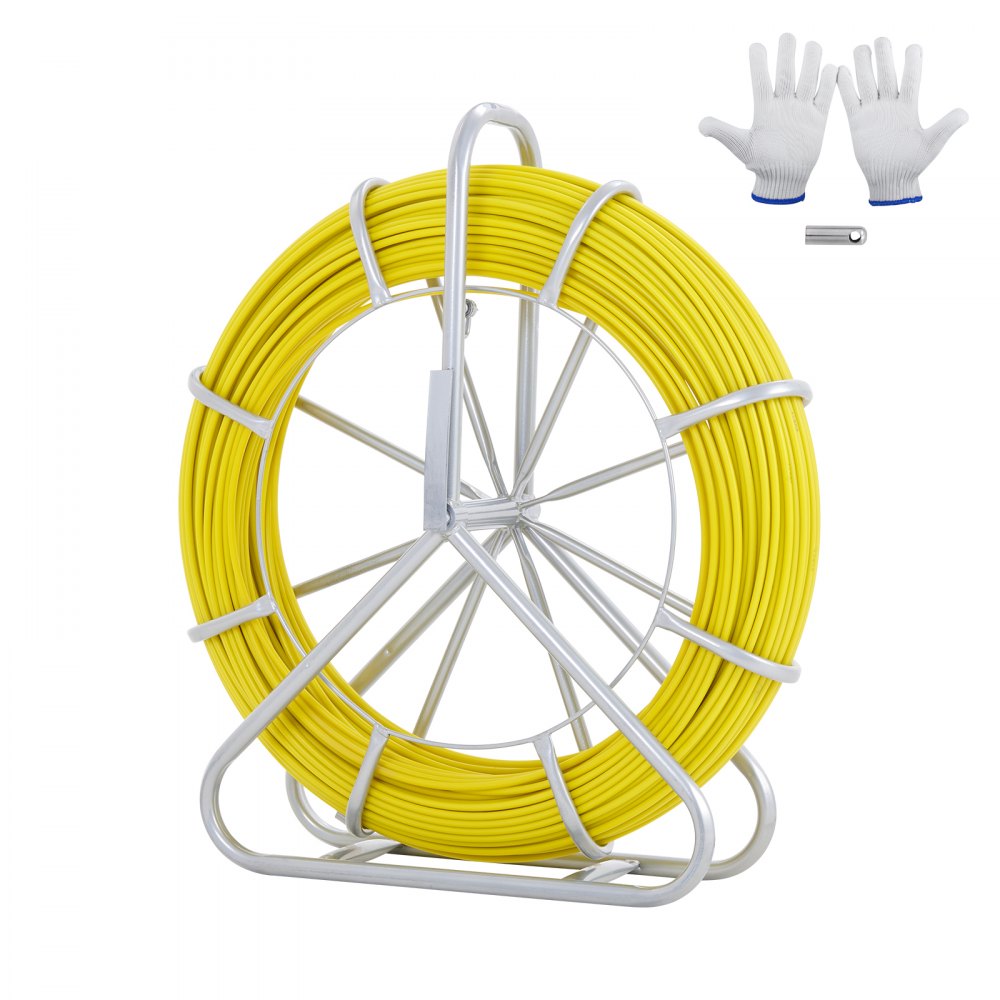 VEVOR Fish Tape Fiberglass, 425 ft, 1/4 inch, Duct Rodder Fishtape Wire Puller, Cable Running Rod with Steel Reel Stand, 3 Pulling Heads, Fishing Tools for Walls and Electrical Conduit, Non-Conductive - DZJYDB14425FT0HH2V0