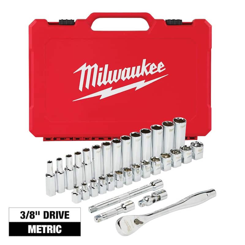 Juego de herramientas mecánicas Milwaukee de llave de trinquete y dados métricos de 3/8 pulg. (32 piezas) - 48-22-9508