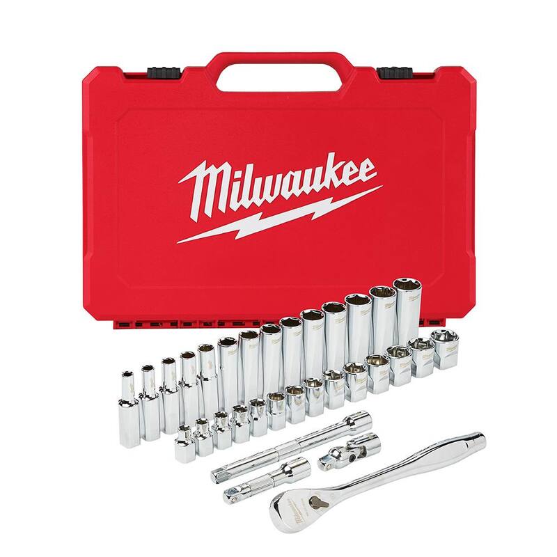 Juego de herramientas mecánicas Milwaukee de llave de trinquete y dados métricos de 3/8 pulg. (32 piezas) - 48-22-9508