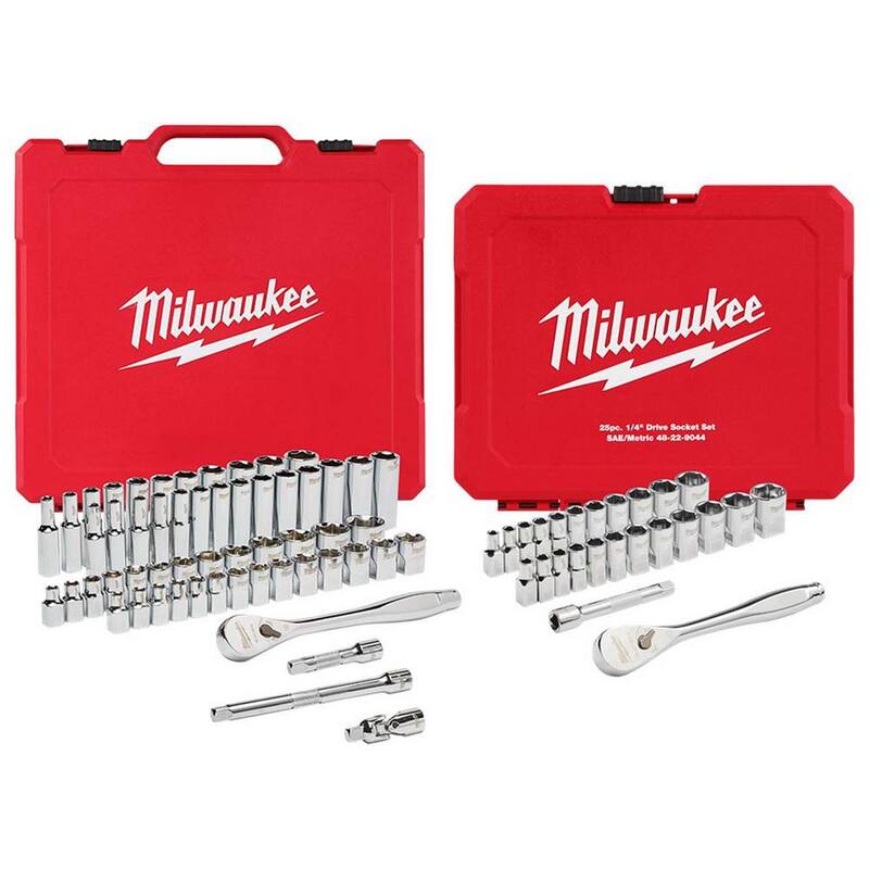 Juego de herramientas mecánicas Milwaukee de 3/8 pulg. y 1/4 pulg. con trinquete/vasos SAE/métrico (81 piezas) - 48-22-9008-48-22-9044.