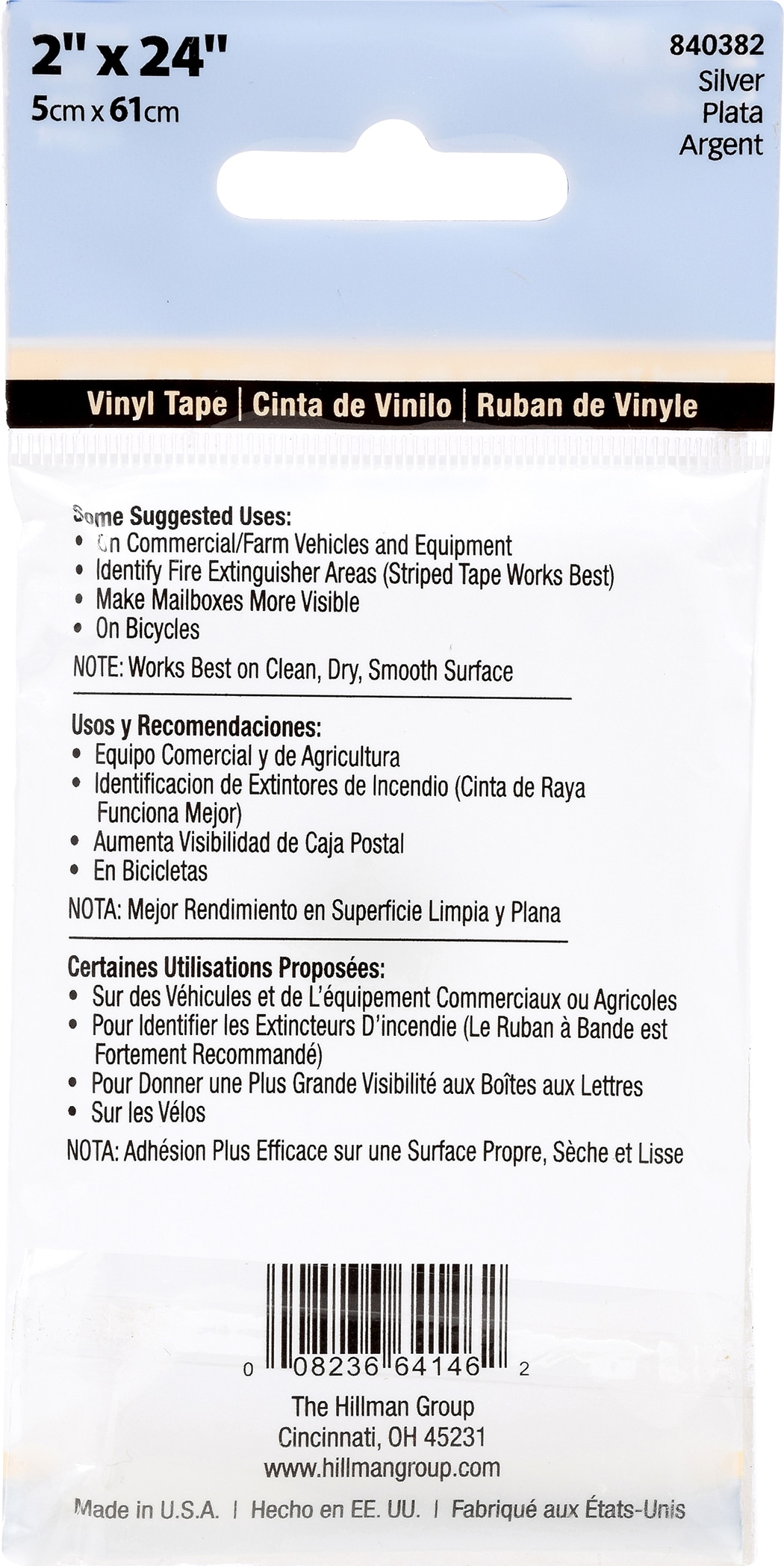 Cinta de Seguridad Reflectante de Vinilo Plateado de 2 Pulgadas de Ancho x 2 Pies de Largo Hillman 840382