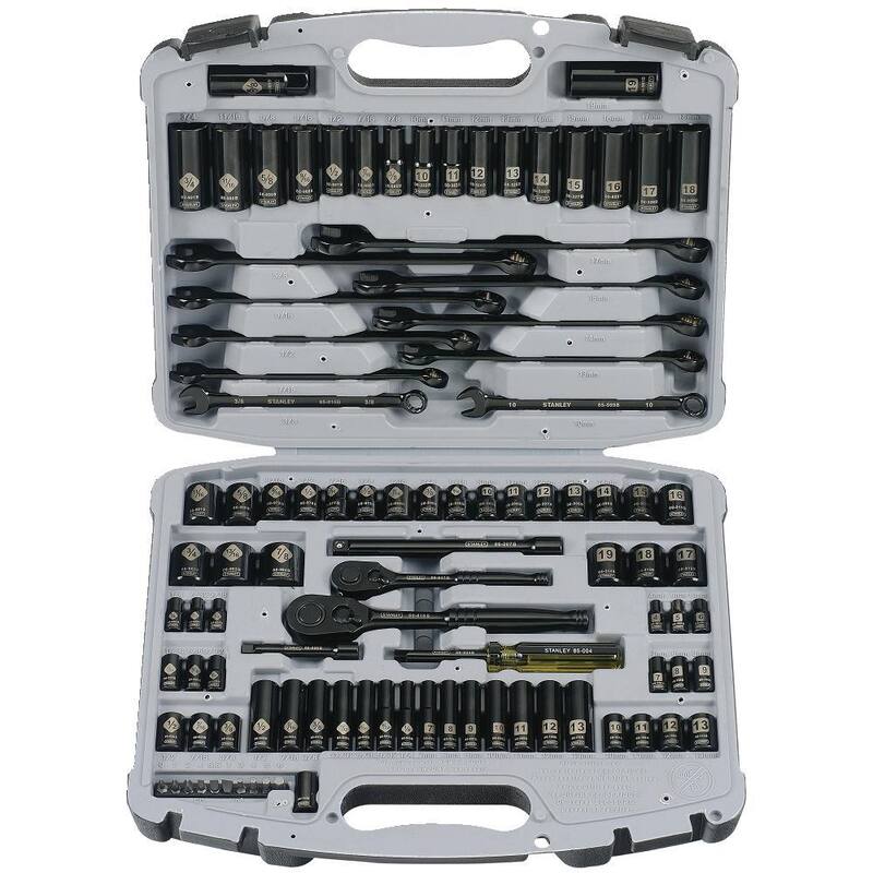 Juego de herramientas para mecánicos Stanley de 1/4 pulg. y 3/8 pulg. de accionamiento con cromo negro grabado con láser SAE y métrico (99 piezas) - 92-839
