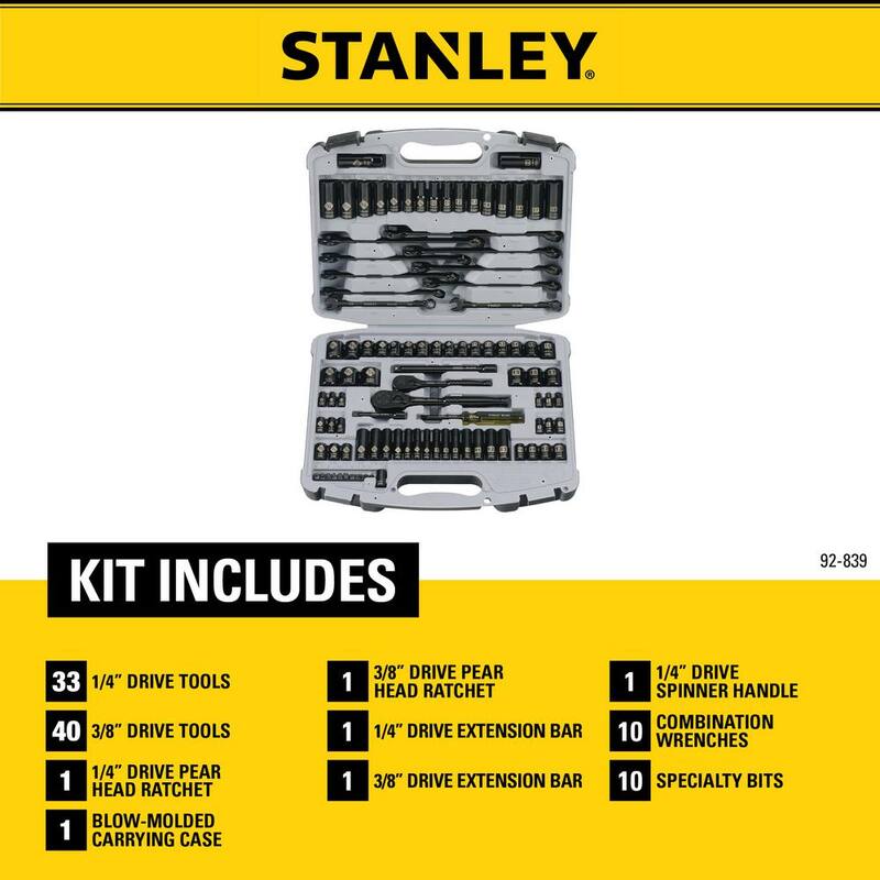 Juego de herramientas para mecánicos Stanley de 1/4 pulg. y 3/8 pulg. de accionamiento con cromo negro grabado con láser SAE y métrico (99 piezas) - 92-839