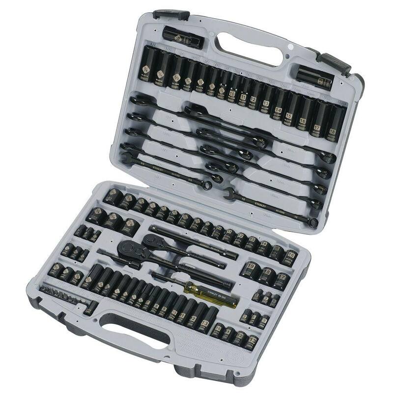 Juego de herramientas para mecánicos Stanley de 1/4 pulg. y 3/8 pulg. de accionamiento con cromo negro grabado con láser SAE y métrico (99 piezas) - 92-839