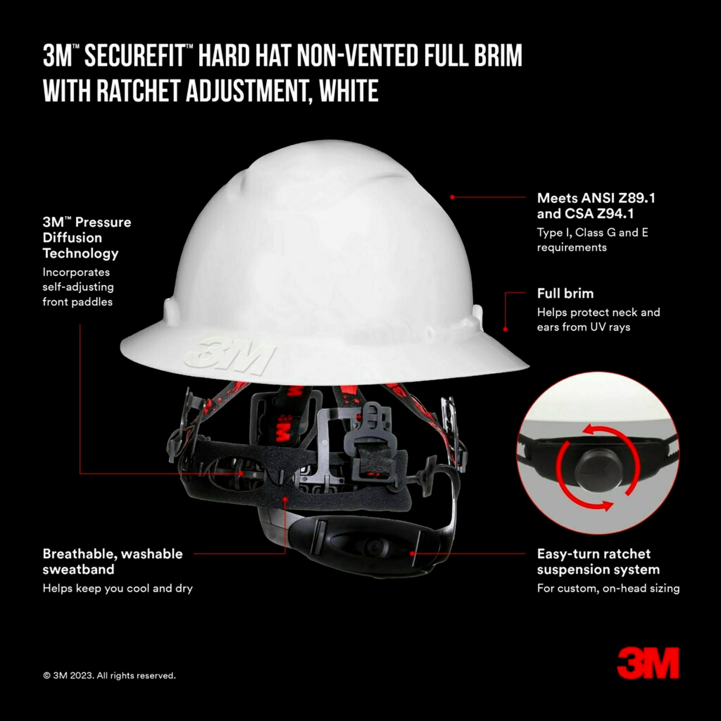 Casco de seguridad blanco 3M con ajuste rápido de ratchet y borde completo