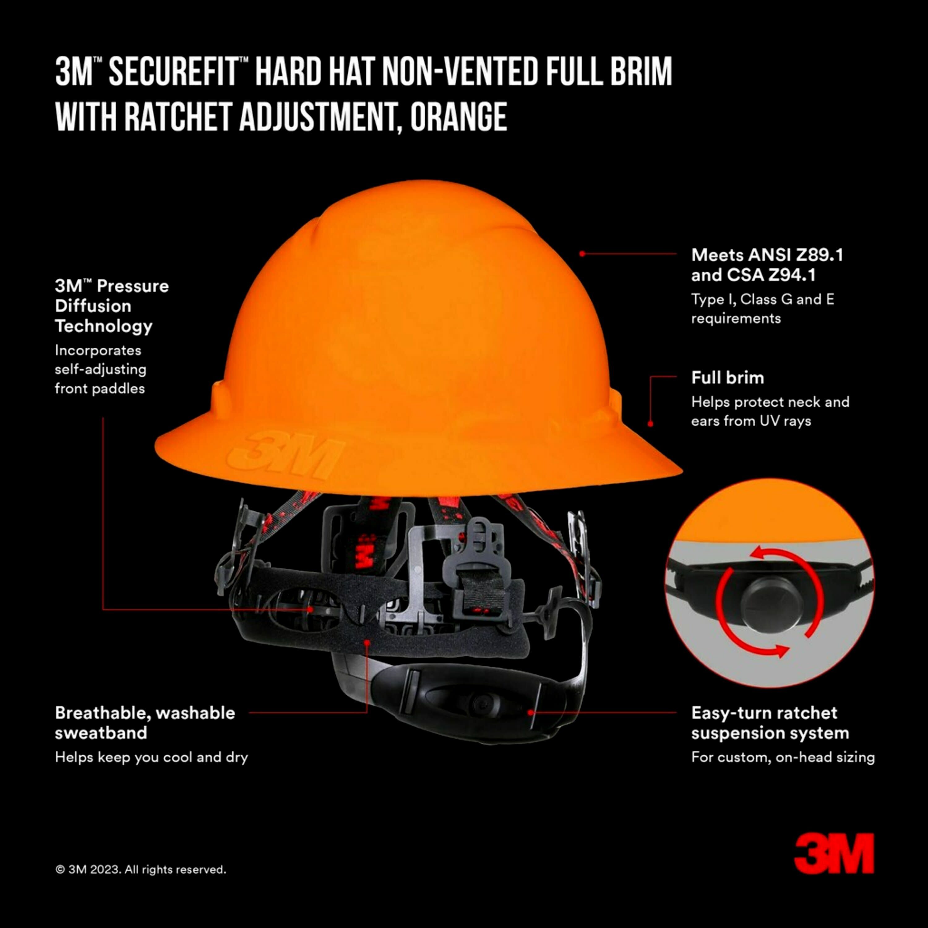Casco duro naranja de ajuste rápido con rachet de borde completo 3M CHH-FB-R-O6-SL