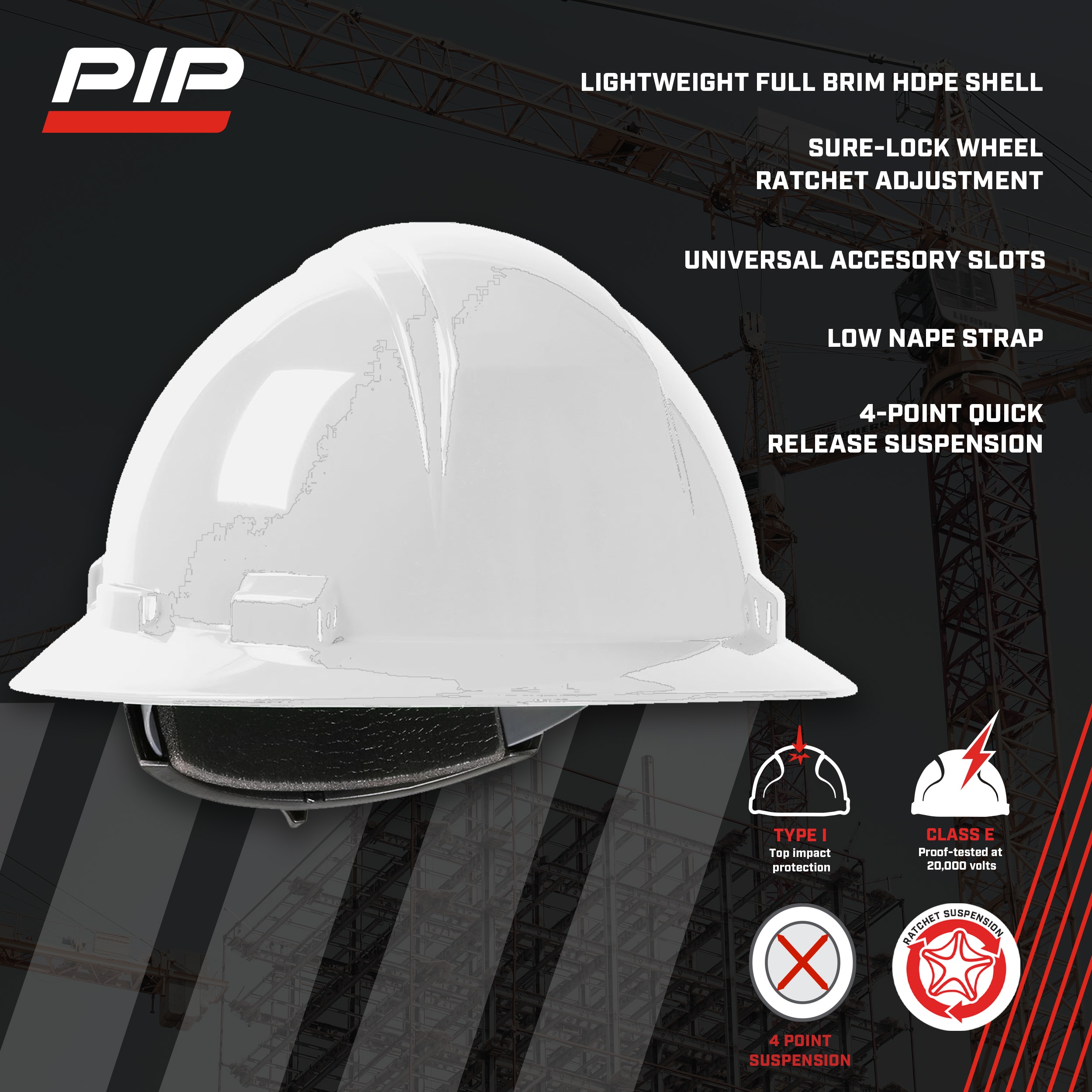 Casco de seguridad blanco con ajuste rápido de ratchet y ala completa dinámica 280-HP641R-01