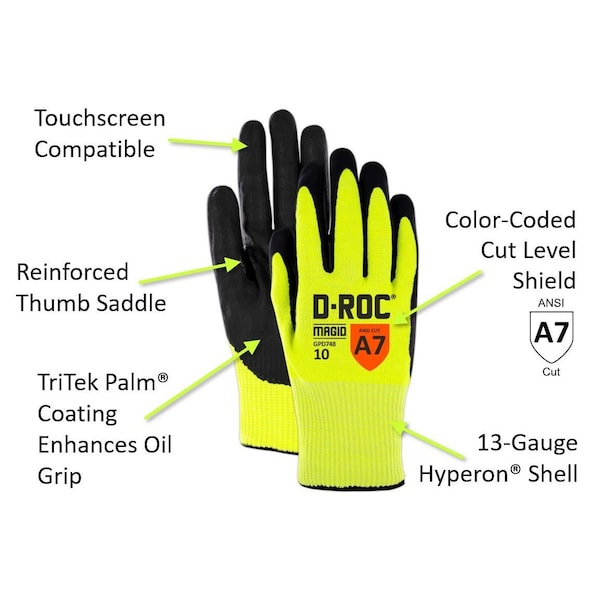 Guantes recubiertos Magid, amarillo de alta visibilidad, 11 - GPD74811