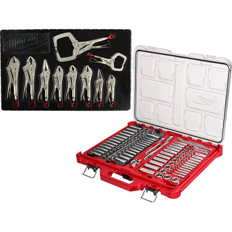 Juego de herramientas mecánicas Milwaukee de 3/8 y 1/4 pulgadas de accionamiento SAE/Métrico con estuche PACKOUT y juego de pinzas (116 piezas) - 48-22-9486-48-22-3690