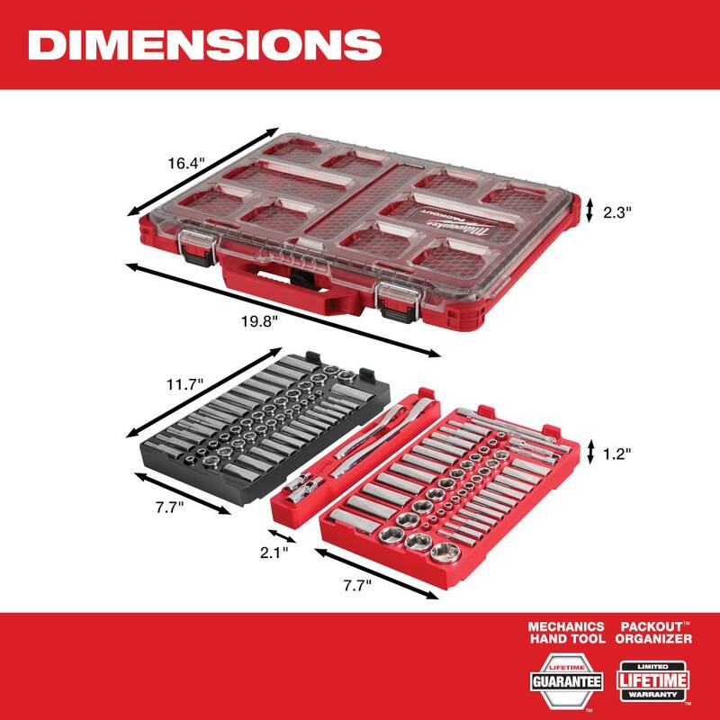 Juego de herramientas mecánicas Milwaukee de 3/8 y 1/4 pulgadas de accionamiento SAE/Métrico con estuche PACKOUT y juego de pinzas (116 piezas) - 48-22-9486-48-22-3690