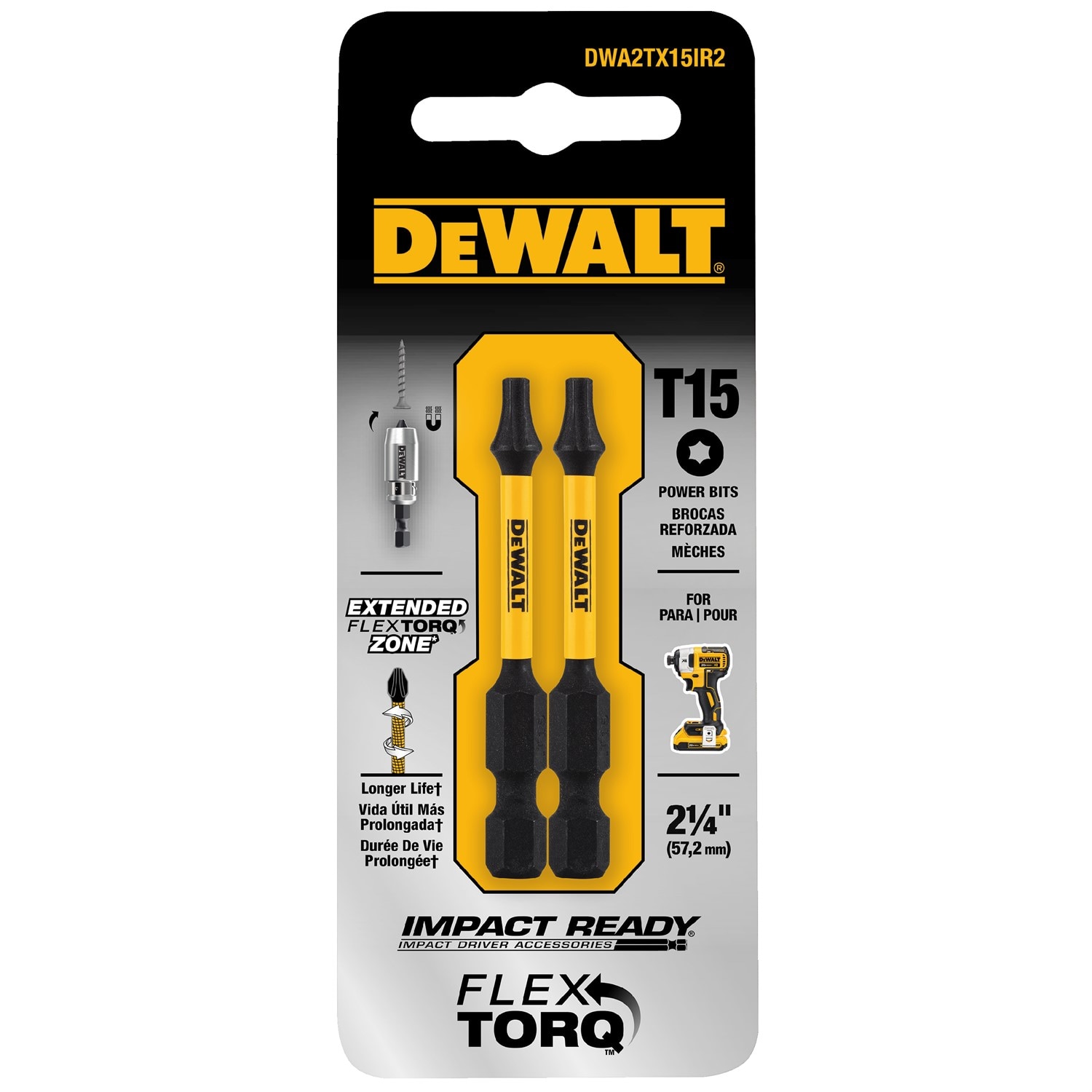 Punta destornillador de impacto Torx DEWALT FlexTorq de 1/4 pulgadas x 2 pulgadas, juego de 15 piezas DWA2TX15IR2-Z