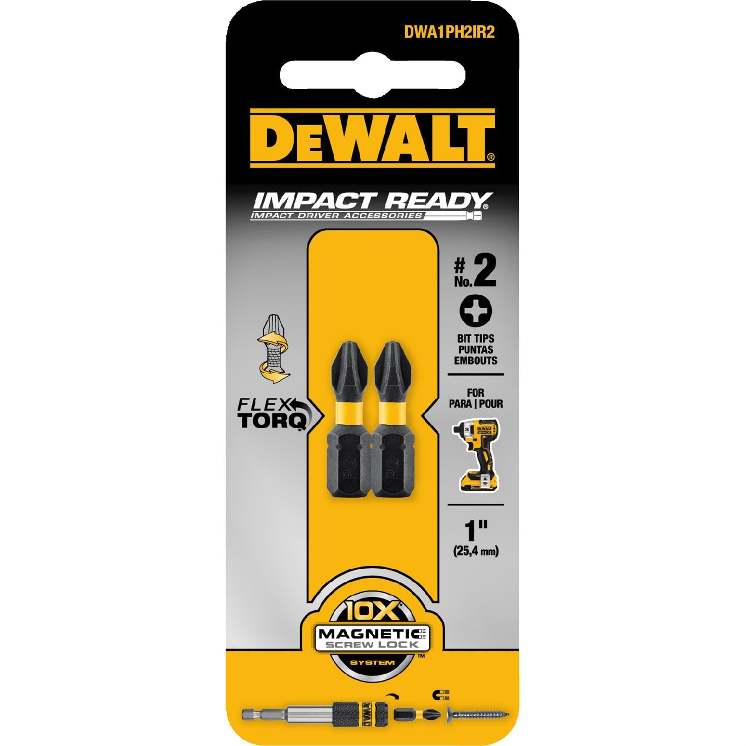Punta de destornillador de impacto Phillips DEWALT FlexTorq de 1/4 pulg. x 1 pulg. - 2 piezas DWA1PH2IR2-Z
