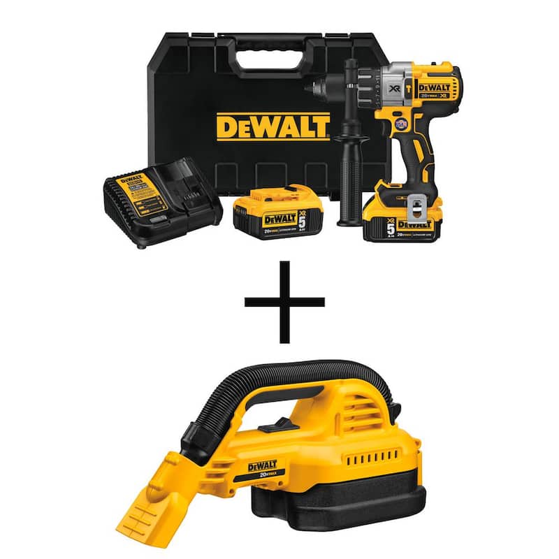 Kit de taladro martillo inalámbrico sin escobillas DEWALT 20V MAX XR de 3 velocidades de 1/2 pulg. y aspiradora portátil húmedo/seco de 1/2 gal. de 20V (solo herramientas) - DCD996P2WDCV517