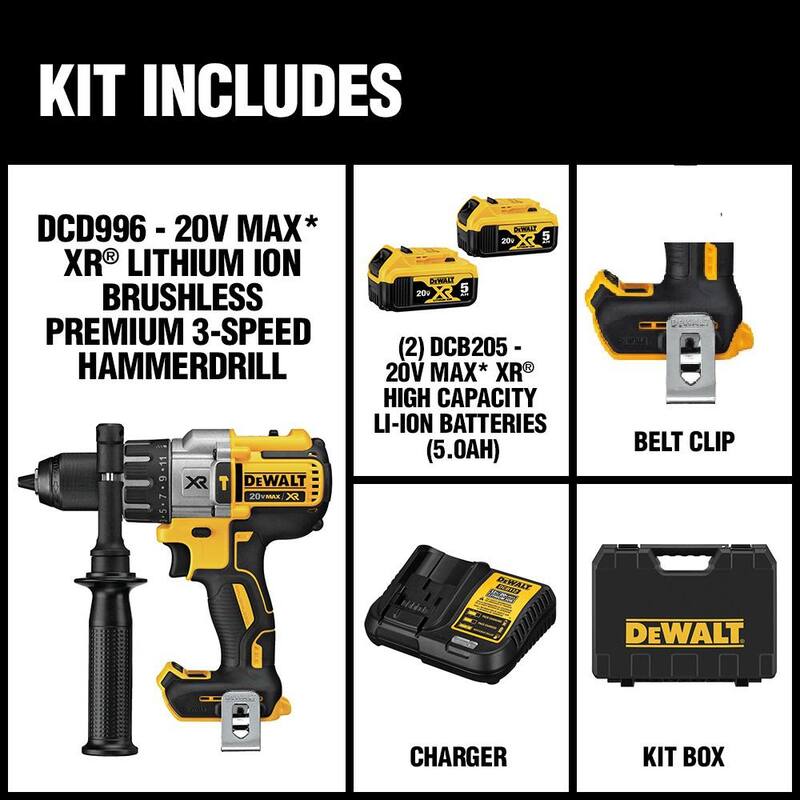 Kit de taladro martillo inalámbrico sin escobillas DEWALT 20V MAX XR de 3 velocidades de 1/2 pulg. y aspiradora portátil húmedo/seco de 1/2 gal. de 20V (solo herramientas) - DCD996P2WDCV517