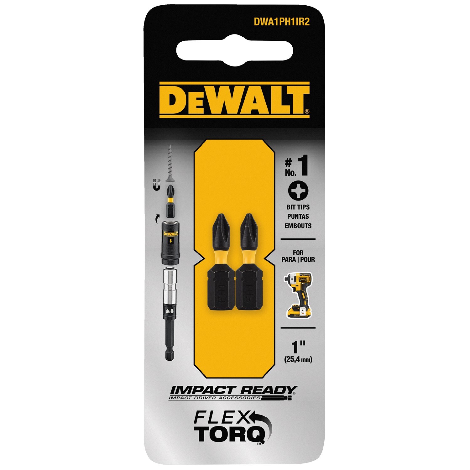 Punta de destornillador de impacto Phillips DEWALT FlexTorq de 1/4 pulgadas x 1 pulgada, juego de 2 piezas DWA1PH1IR2-Z