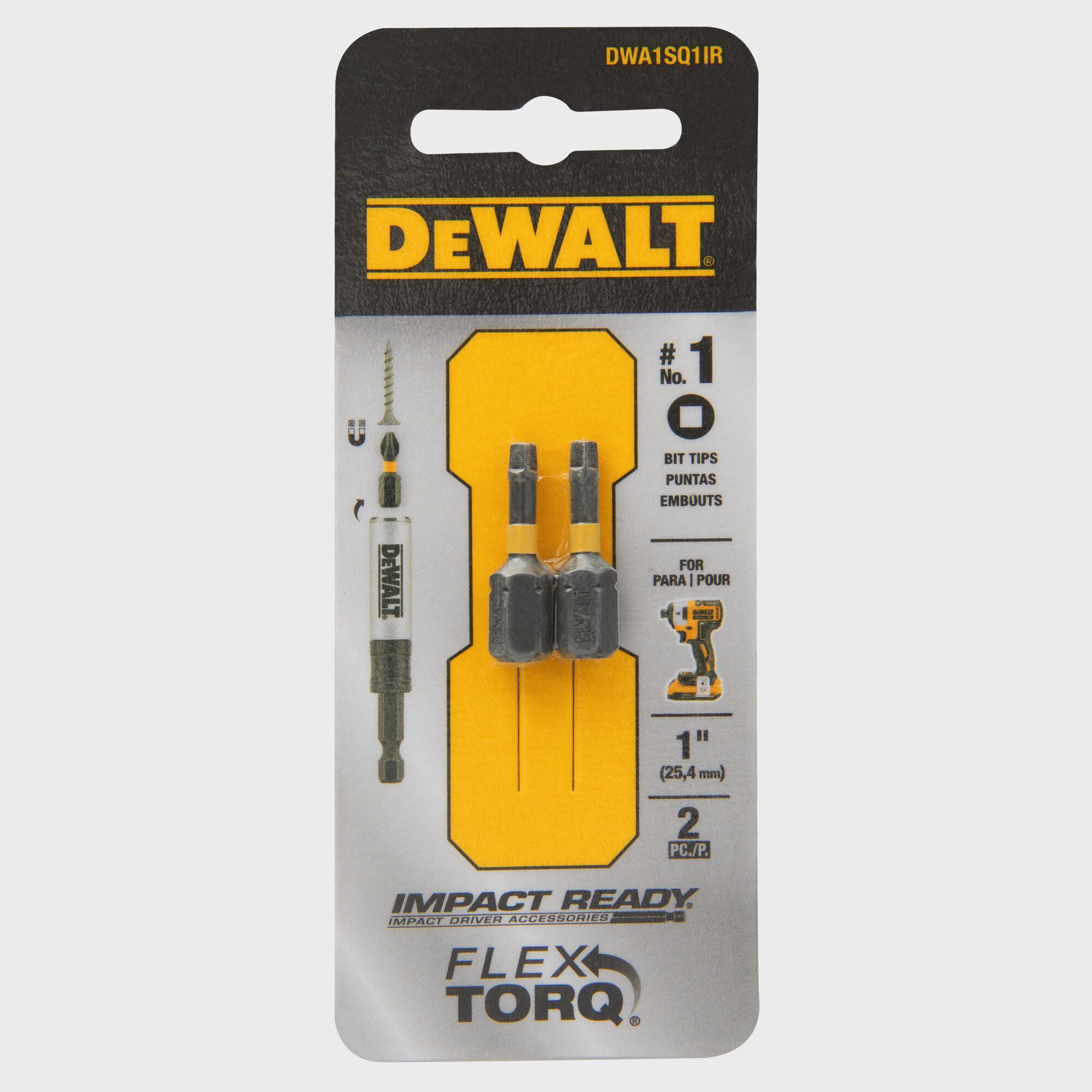Punta de destornillador de impacto DEWALT FlexTorq 1/4 pulg. x 1 pulg. cuadrada/Robertson 2 piezas DWA1SQ1IR-Z