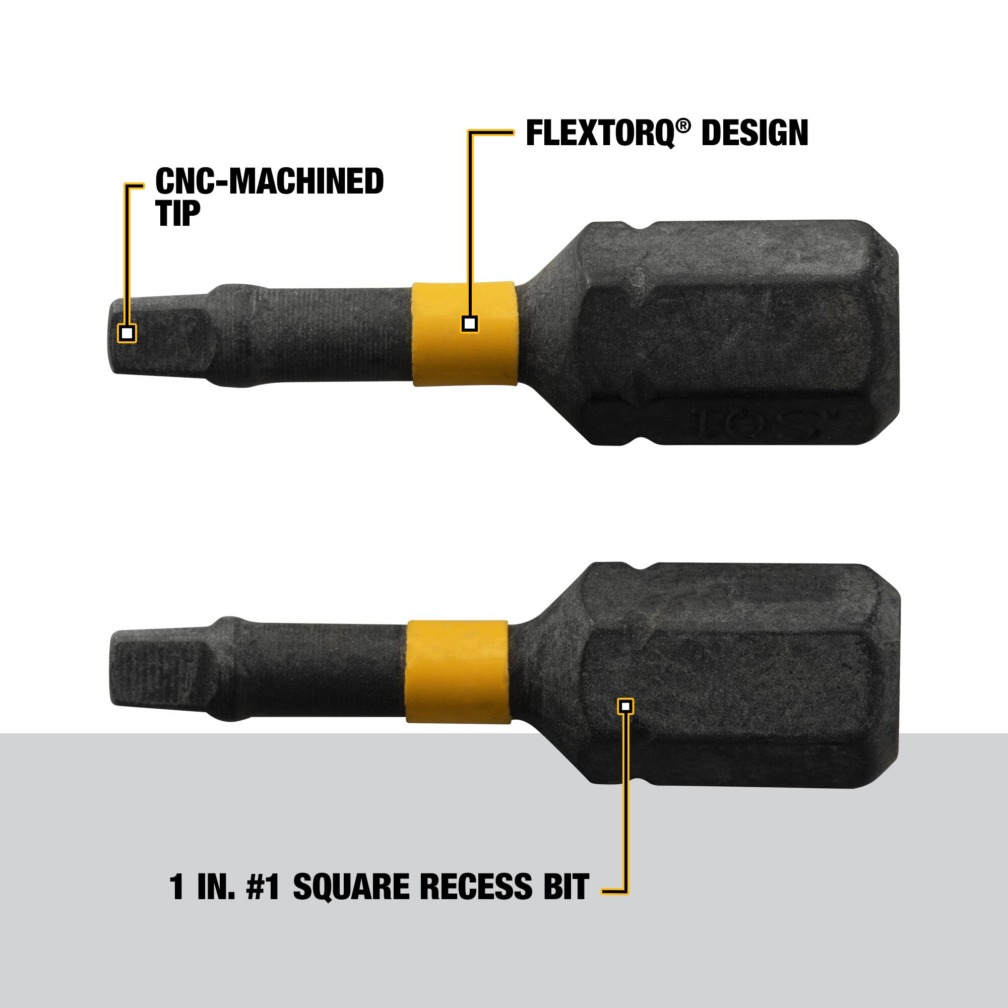 Punta de destornillador de impacto DEWALT FlexTorq 1/4 pulg. x 1 pulg. cuadrada/Robertson 2 piezas DWA1SQ1IR-Z