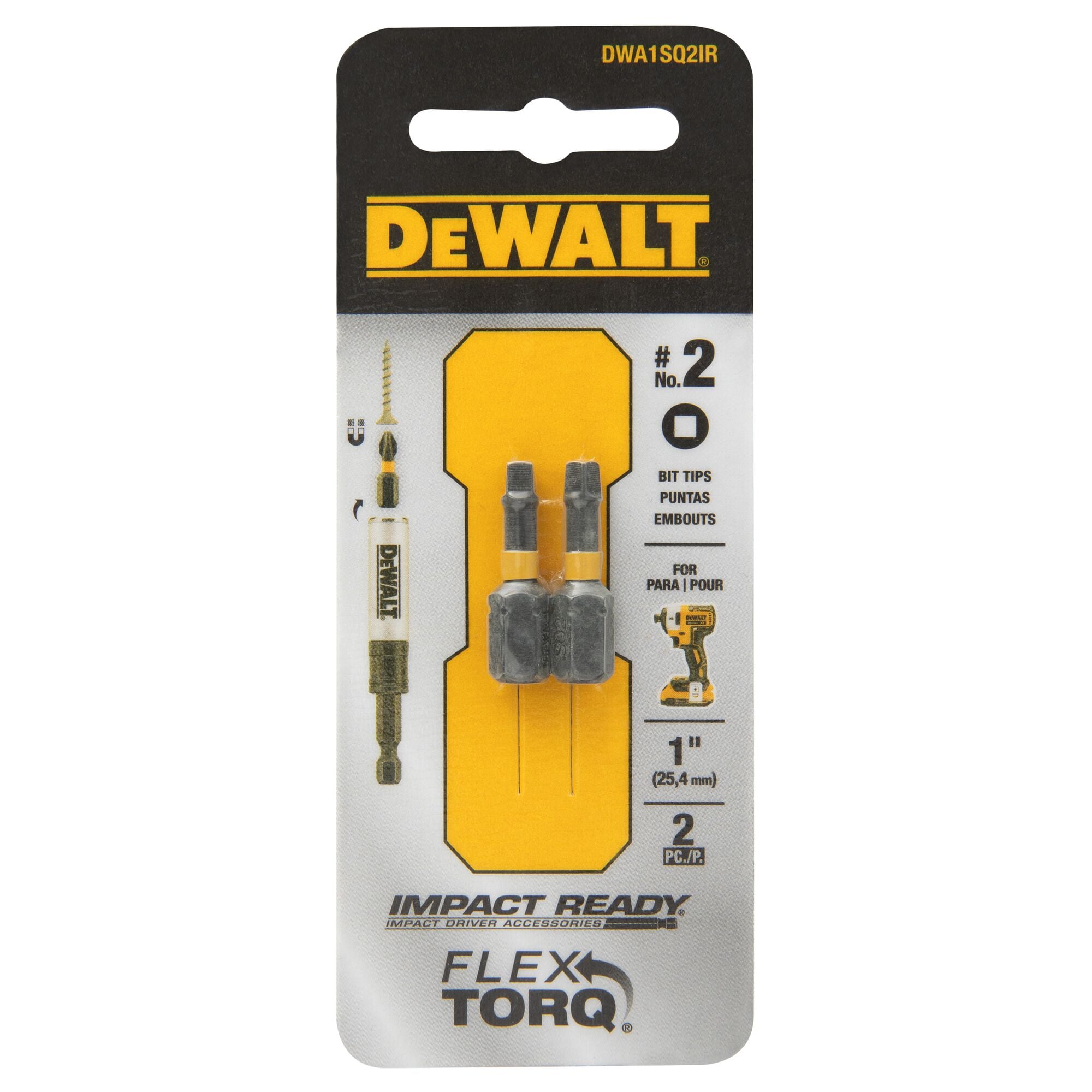 Punta de destornillador de impacto DEWALT FlexTorq de 1/4 pulgadas x 1 pulgada cuadrada/Robertson 2 piezas DWA1SQ2IR-Z
