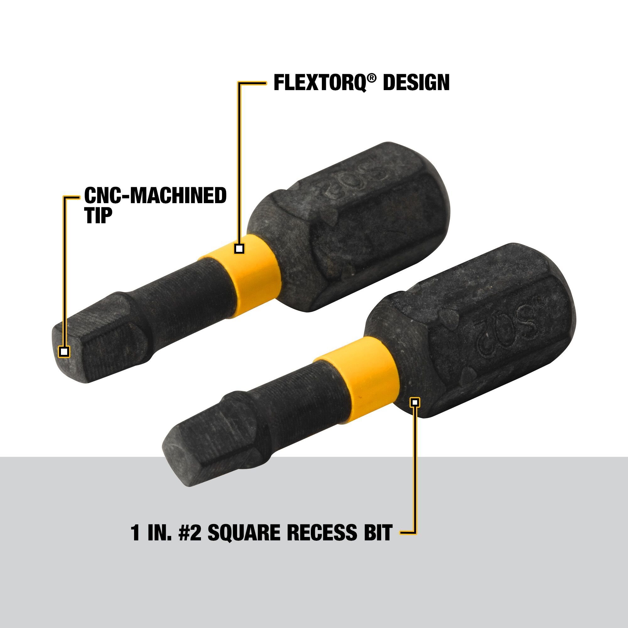 Punta de destornillador de impacto DEWALT FlexTorq de 1/4 pulgadas x 1 pulgada cuadrada/Robertson 2 piezas DWA1SQ2IR-Z
