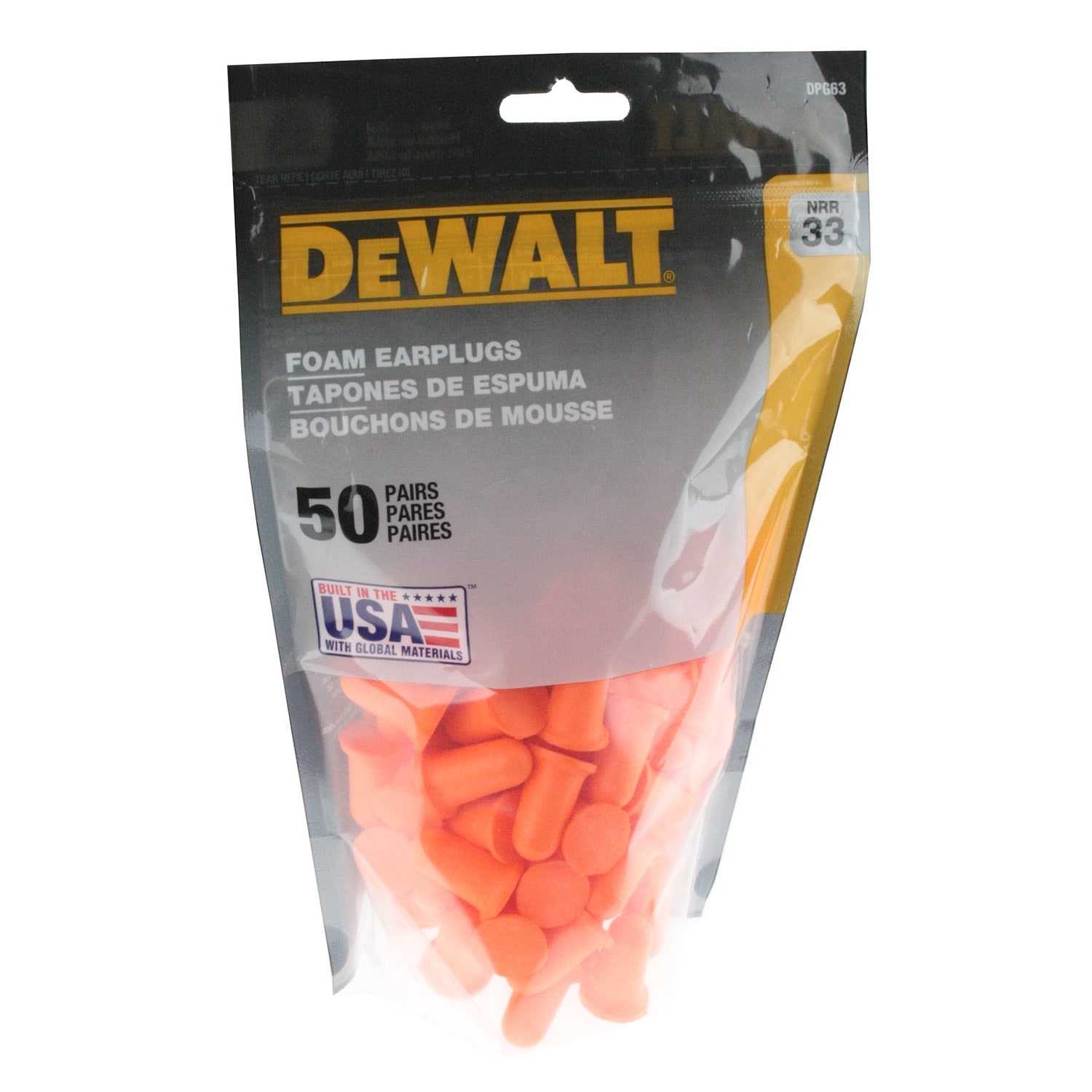 Tapones reutilizables para la protección auditiva inalámbrica DEWALT de 50 piezas con clasificación de reducción de ruido de 33 dB DPG63BG50