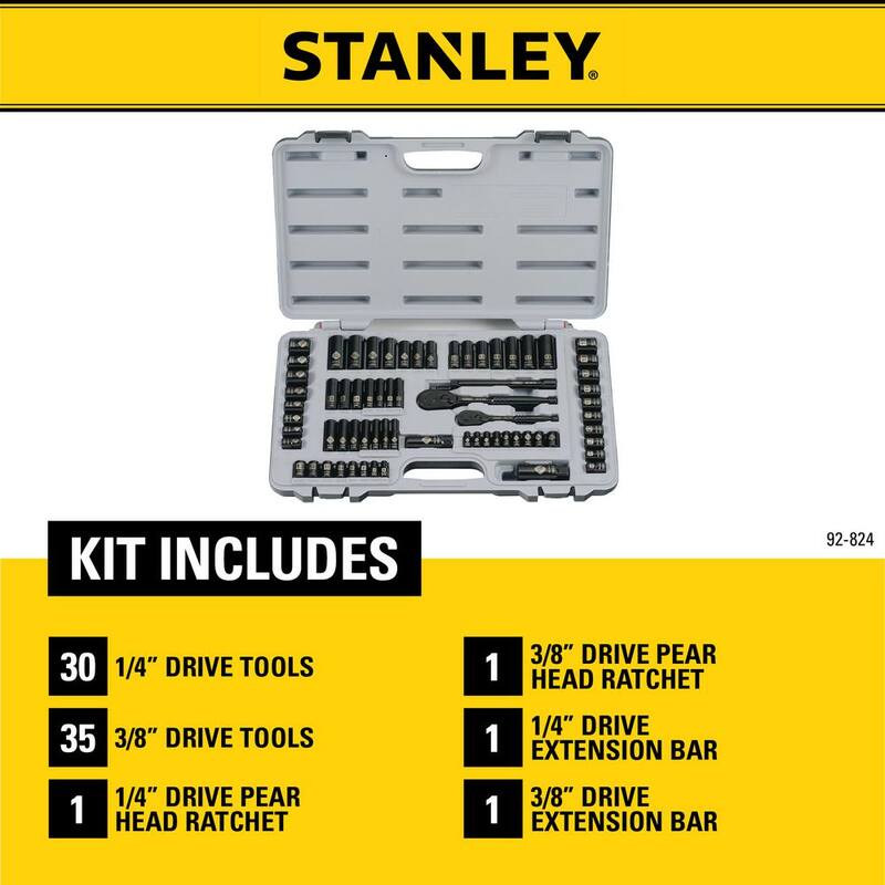 Set de herramientas mecánicas Stanley de 69 piezas con cabezas de 1/4 y 3/8 pulgadas en cromo negro SAE - 92-824