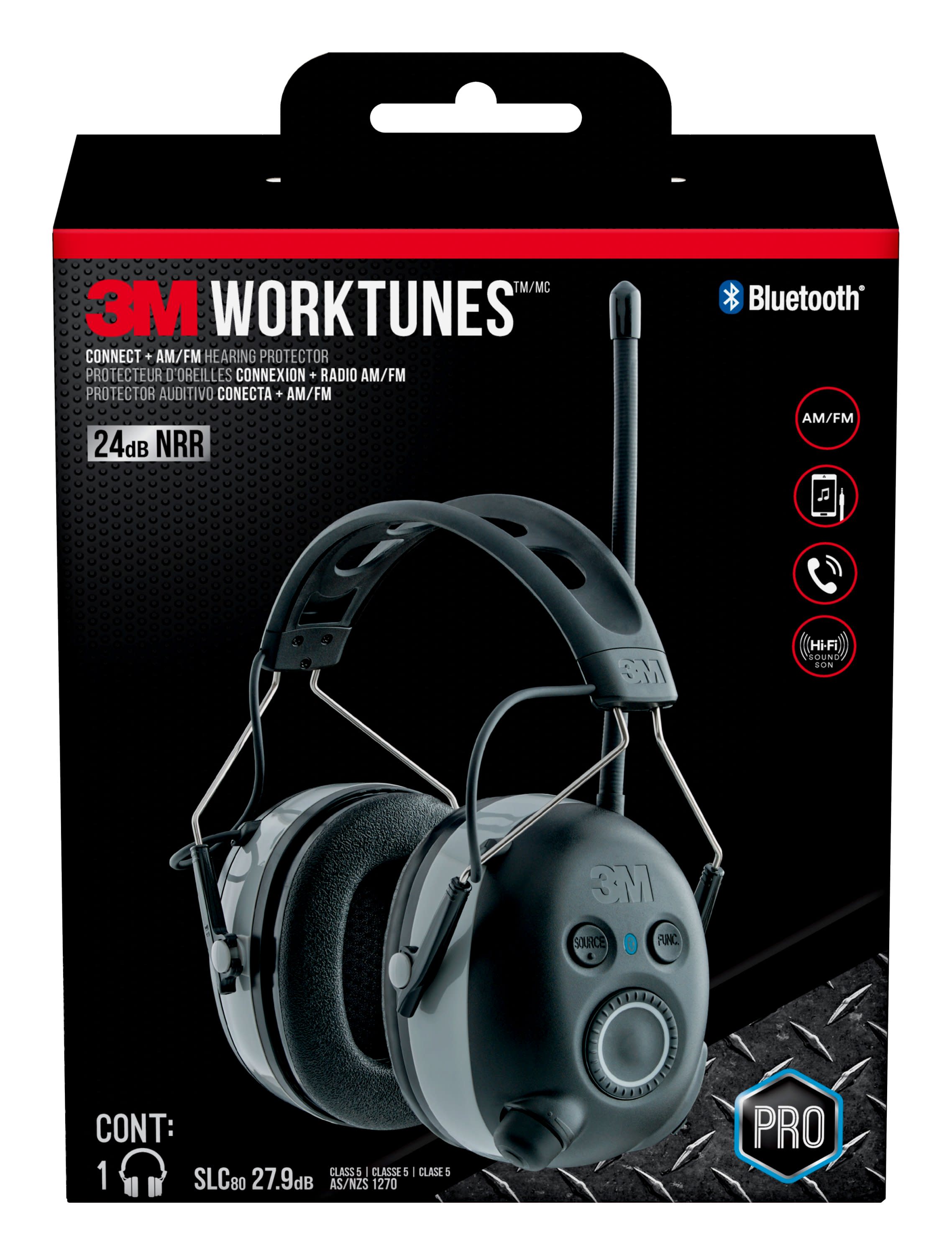 Protectores auditivos WorkTunes Connect + AM/FM de 3M con radio AM/FM y compatibilidad Bluetooth, reducción de ruido de 24 dB, reutilizables
