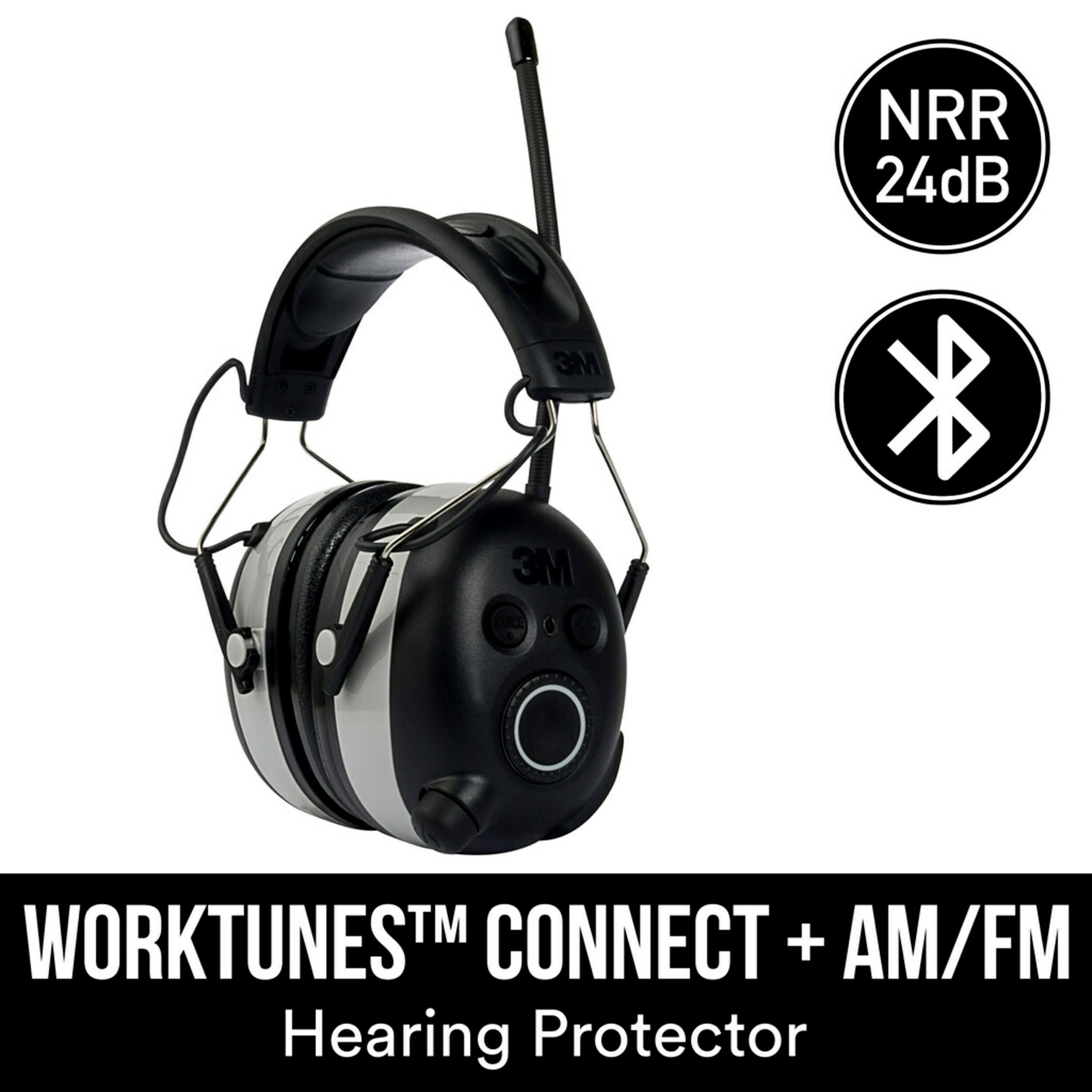 Protectores auditivos WorkTunes Connect + AM/FM de 3M con radio AM/FM y compatibilidad Bluetooth, reducción de ruido de 24 dB, reutilizables