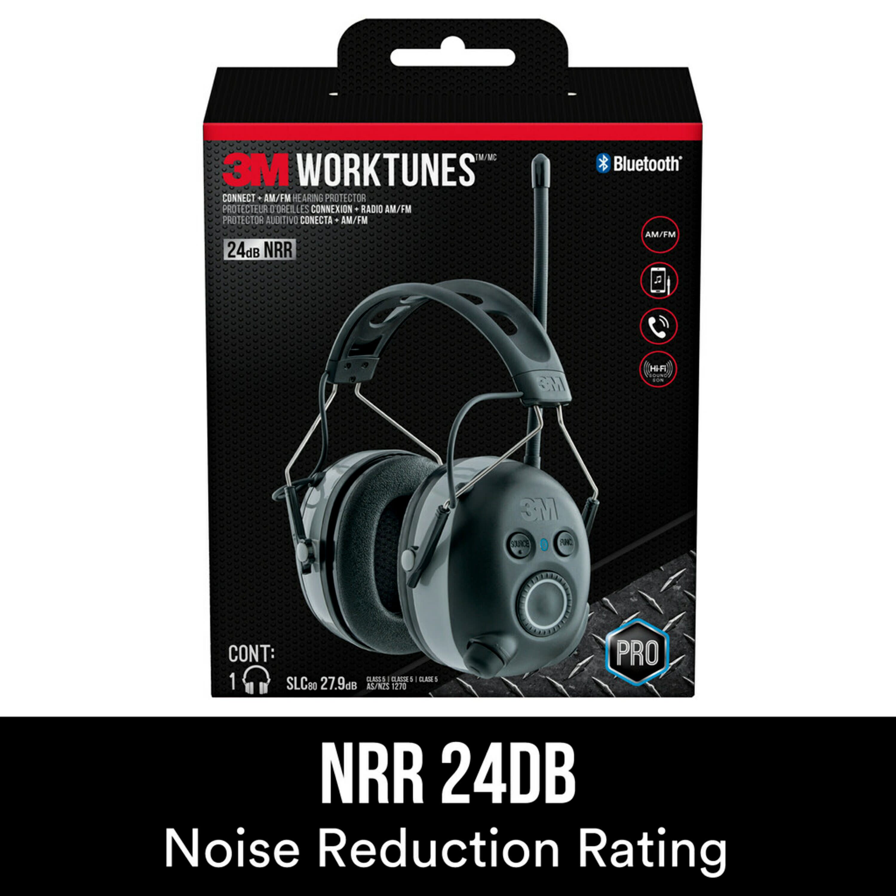 Protectores auditivos WorkTunes Connect + AM/FM de 3M con radio AM/FM y compatibilidad Bluetooth, reducción de ruido de 24 dB, reutilizables