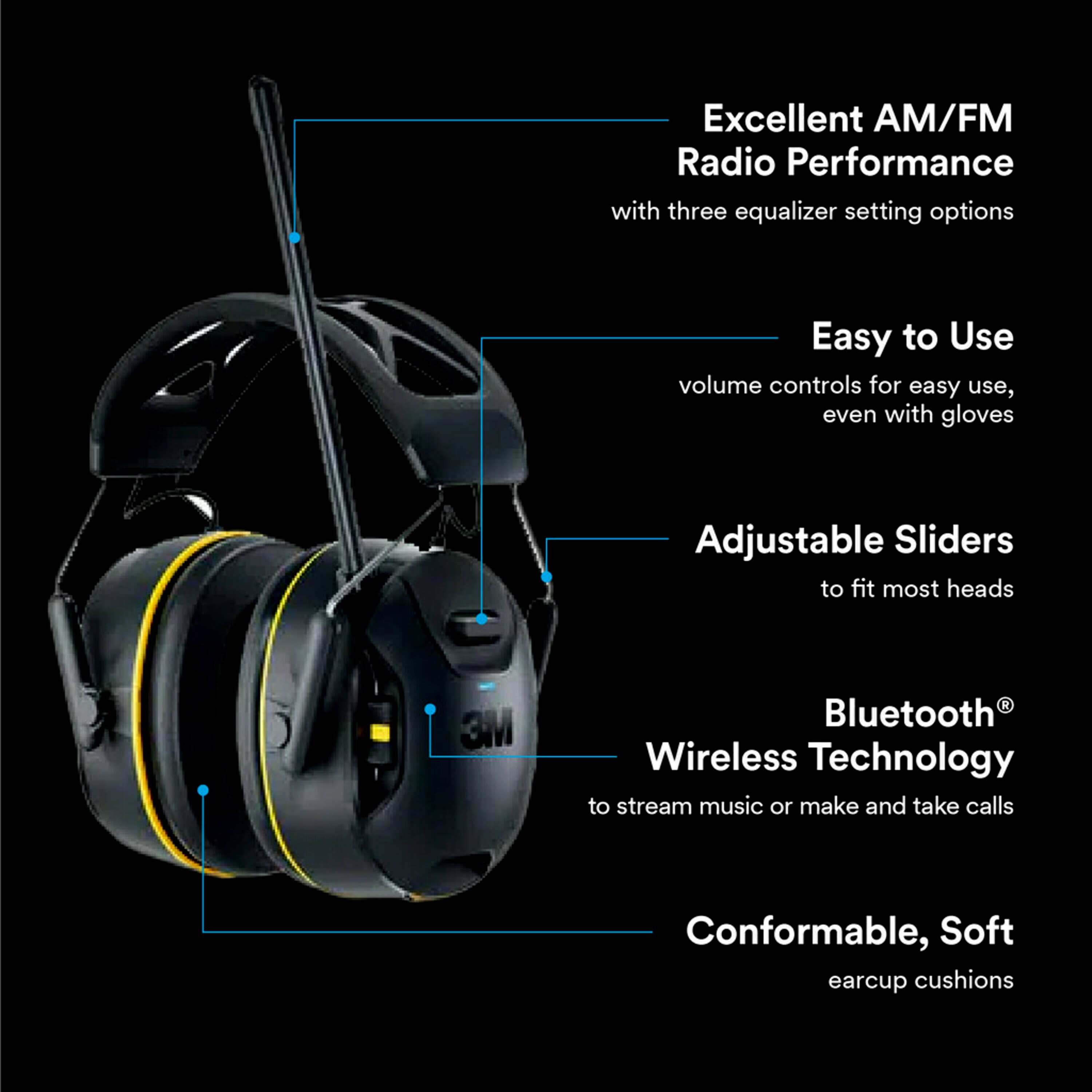 Protectores Auditivos Inalámbricos 3M Worktunes con Radio AM/FM, Bluetooth y Reducción de Ruido de 26 dB - 90572-DC