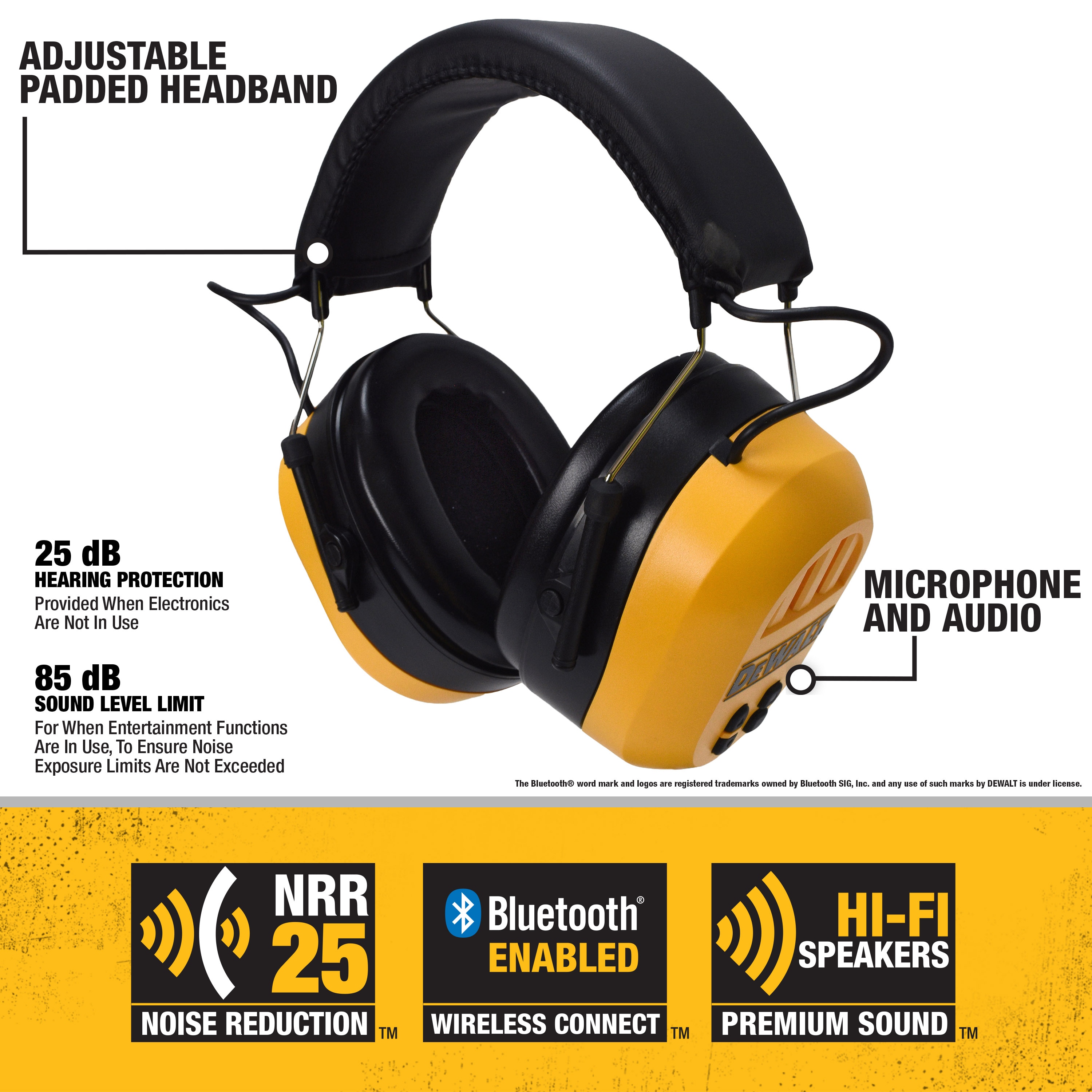 Protectores auditivos inalámbricos reutilizables DEWALT DPG17 con reducción de ruido de 25 dB.