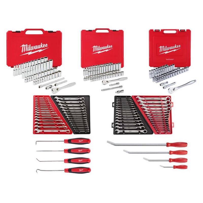 Set de llaves de trinquete y dados Milwaukee 1/4 pulg., 3/8 pulg., y 1/2 pulg. SAE/Métrica con juego de llaves combinadas y barra de palanca (221 piezas) - 48-22-9004-48-22-9008-48-22-9515-48-22-9