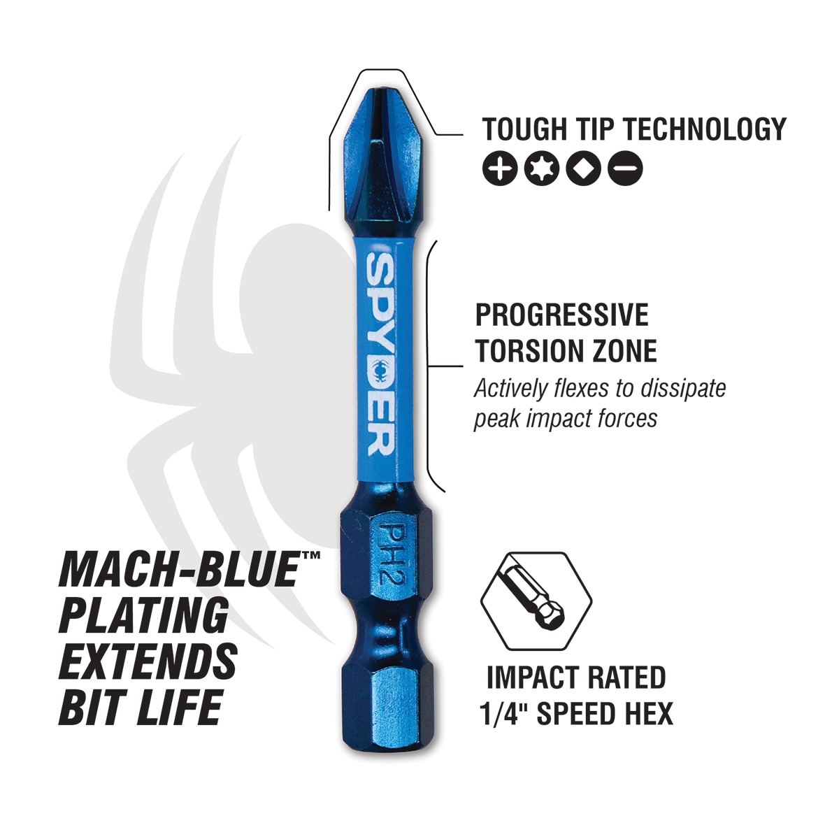 Juego de puntas de destornillador de impacto Spyder Mach-Blue de 1/4 pulgadas, 15 piezas 19031