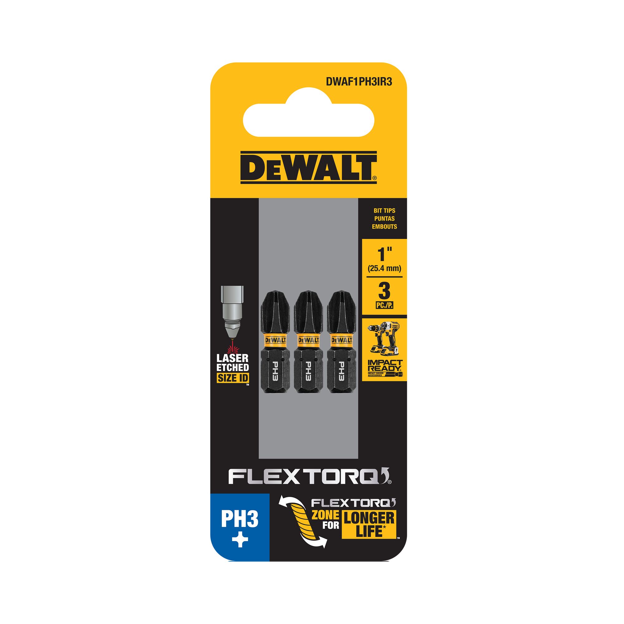Punta de destornillador de impacto Phillips DEWALT de 1/4 pulgadas x 1 pulgada 3 piezas DWAF1PH3IR3