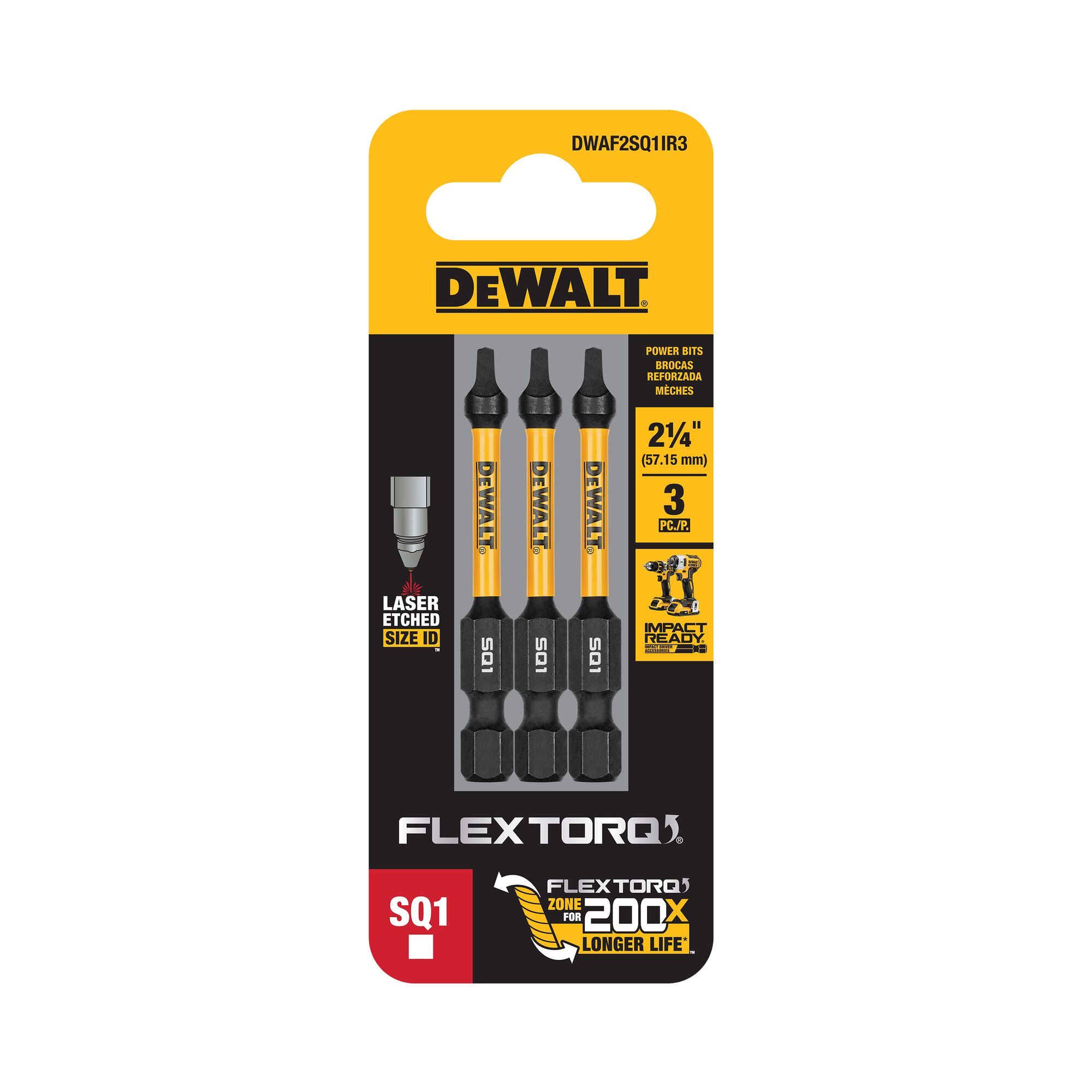 Punta de destornillador de impacto cuadrada/Robertson DEWALT Flextorq de 1/4 pulgadas x 2 pulgadas, juego de 3 piezas DWAF2SQ1IR3
