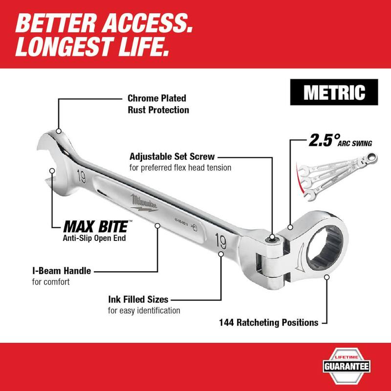 Juego de herramientas mecánicas Milwaukee de trinquete y casquillos estándar/métricos de 3/8 pulgadas con llaves combinadas Flex-Head estándar/métricas (86 piezas) - 48-22-9008-48-22-9513-48-22-9413