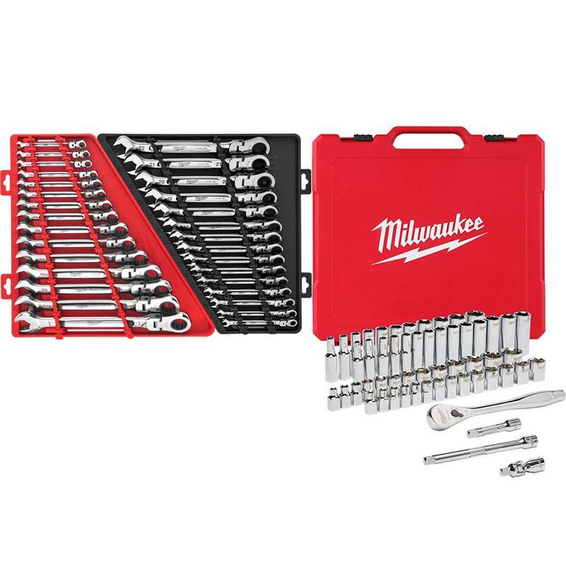 Juego de herramientas mecánicas Milwaukee de trinquete y casquillos estándar/métricos de 3/8 pulgadas con llaves combinadas Flex-Head estándar/métricas (86 piezas) - 48-22-9008-48-22-9513-48-22-9413