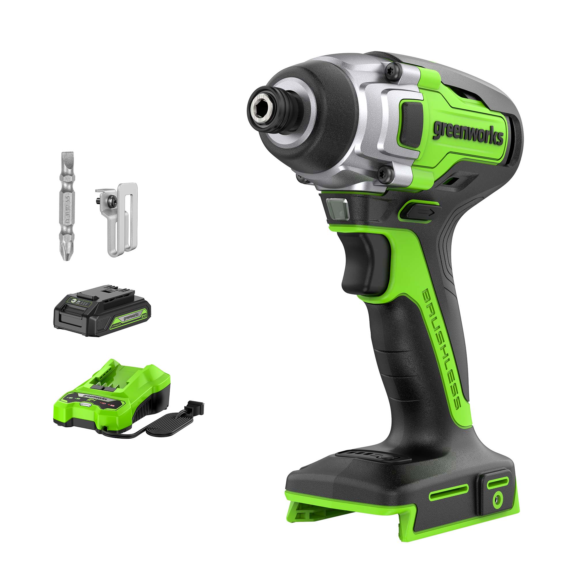Greenworks 24-volt 1/4-pulgada Destornillador de Impacto Inalámbrico sin Escobillas (Batería incluida y Cargador incluido) 3807002