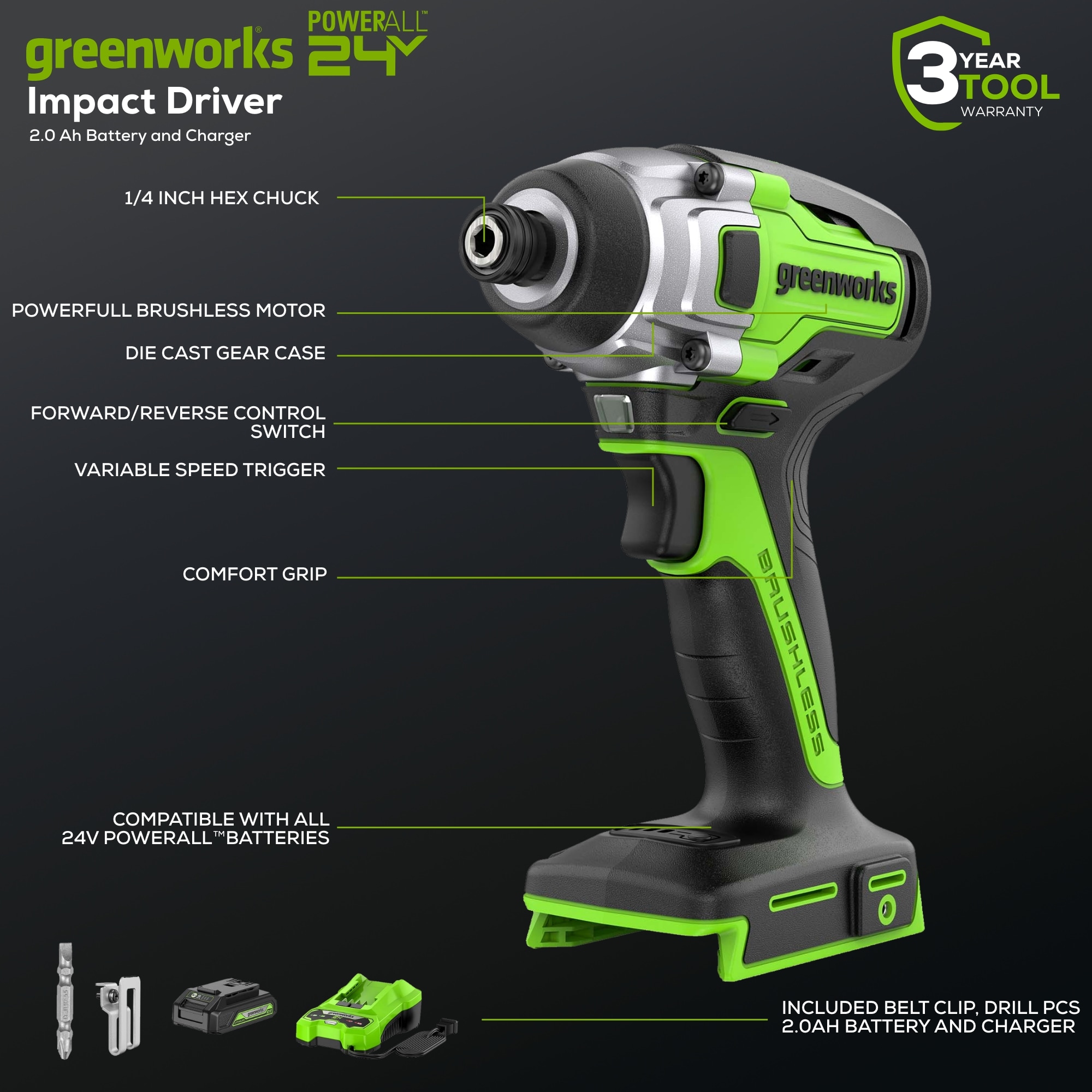 Greenworks 24-volt 1/4-pulgada Destornillador de Impacto Inalámbrico sin Escobillas (Batería incluida y Cargador incluido) 3807002