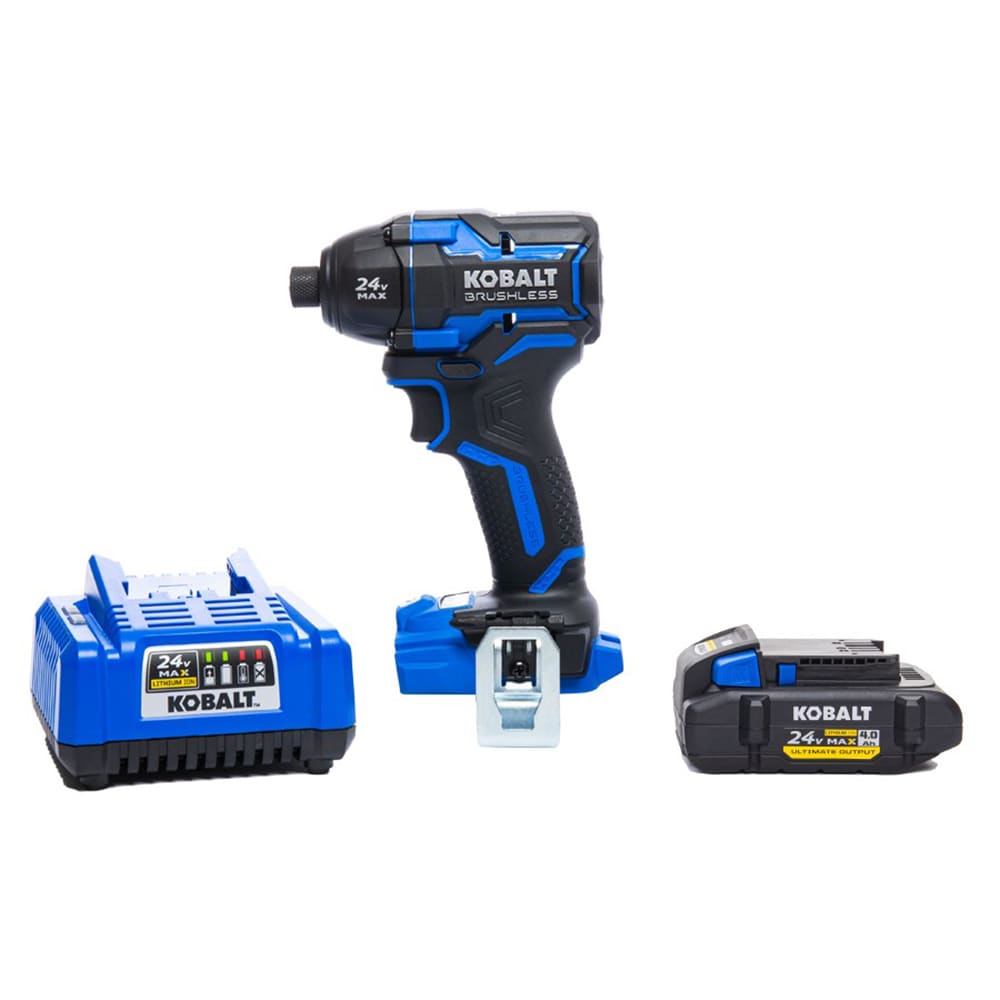 Atornillador de impacto inalámbrico sin escobillas Kobalt XTR de 24 voltios, 1/4 de pulgada (Incluye batería, cargador y estuche rígido) KXID 1424A-03