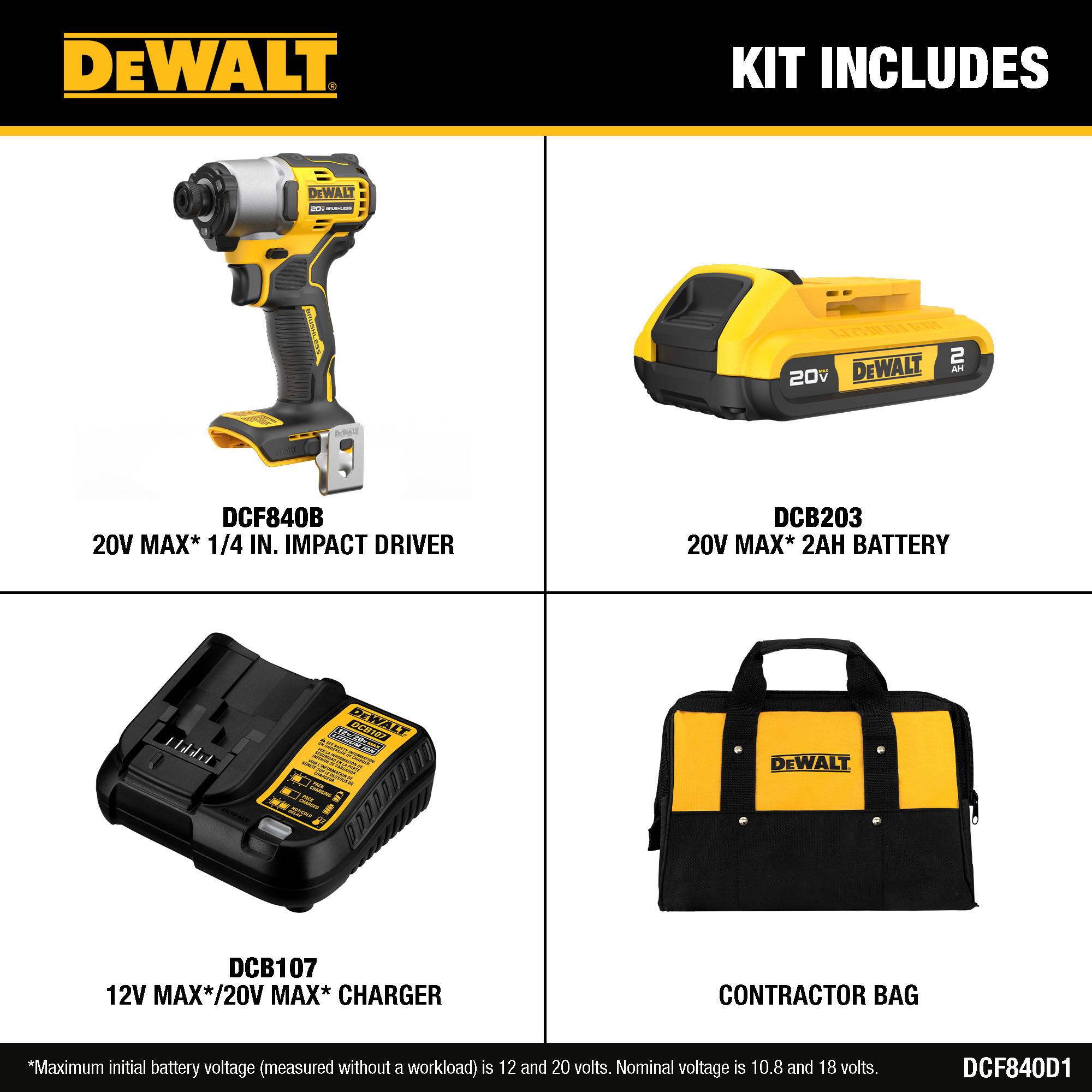 DEWALT 20-volt max Inalámbrico con Cargador y Bolsa Suave incluidos DCF840D1