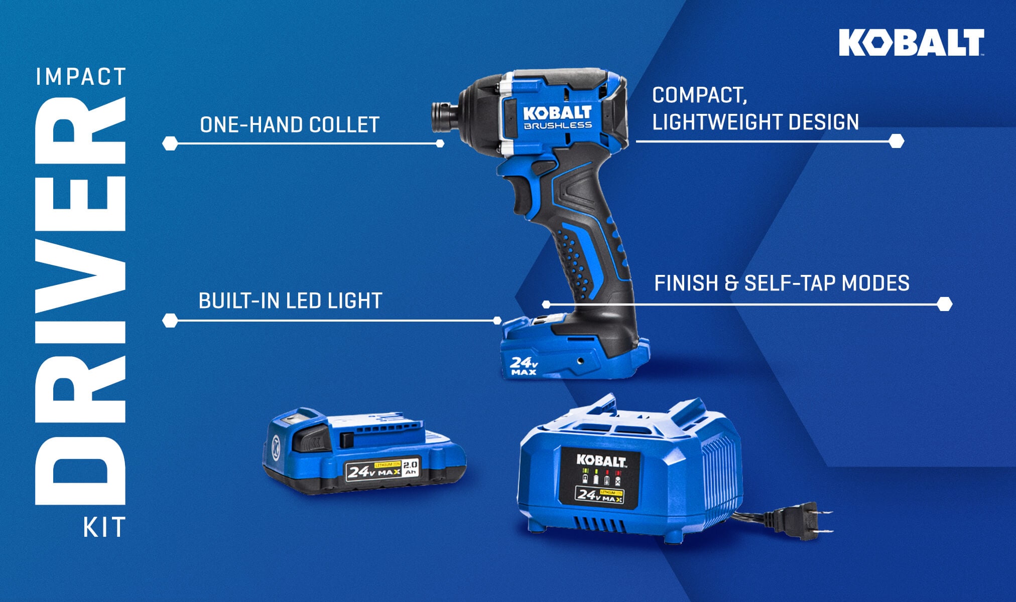 Atornillador de impacto inalámbrico Kobalt de 24 voltios y 1/4 de pulgada (incluye batería, cargador y estuche suave) KID 2024A-03