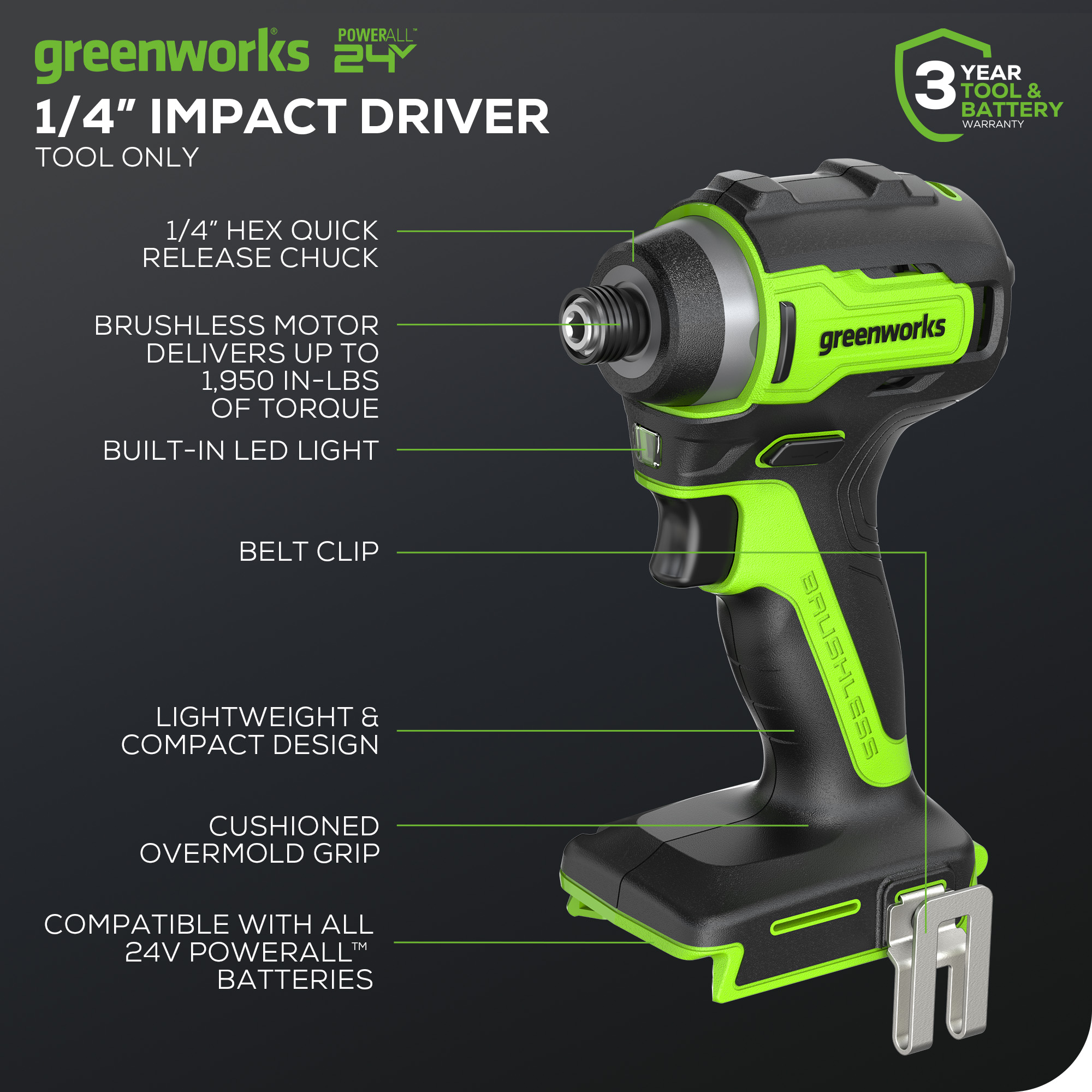 Atornillador de impacto inalámbrico sin escobillas Greenworks de 24 voltios y 1/4 pulgadas (Batería y cargador no incluidos) 3805002