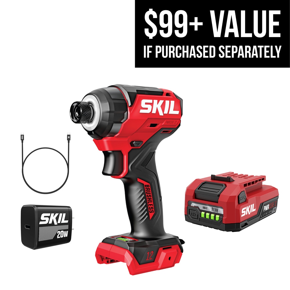 Atornillador de impacto inalámbrico sin escobillas SKIL PWR CORE de 12 voltios y 1/4 de pulgada (incluye batería e cargador) ID6744A-11
