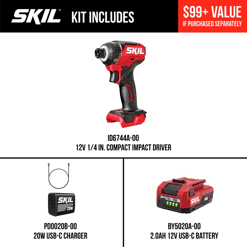 Atornillador de impacto inalámbrico sin escobillas SKIL PWR CORE de 12 voltios y 1/4 de pulgada (incluye batería e cargador) ID6744A-11