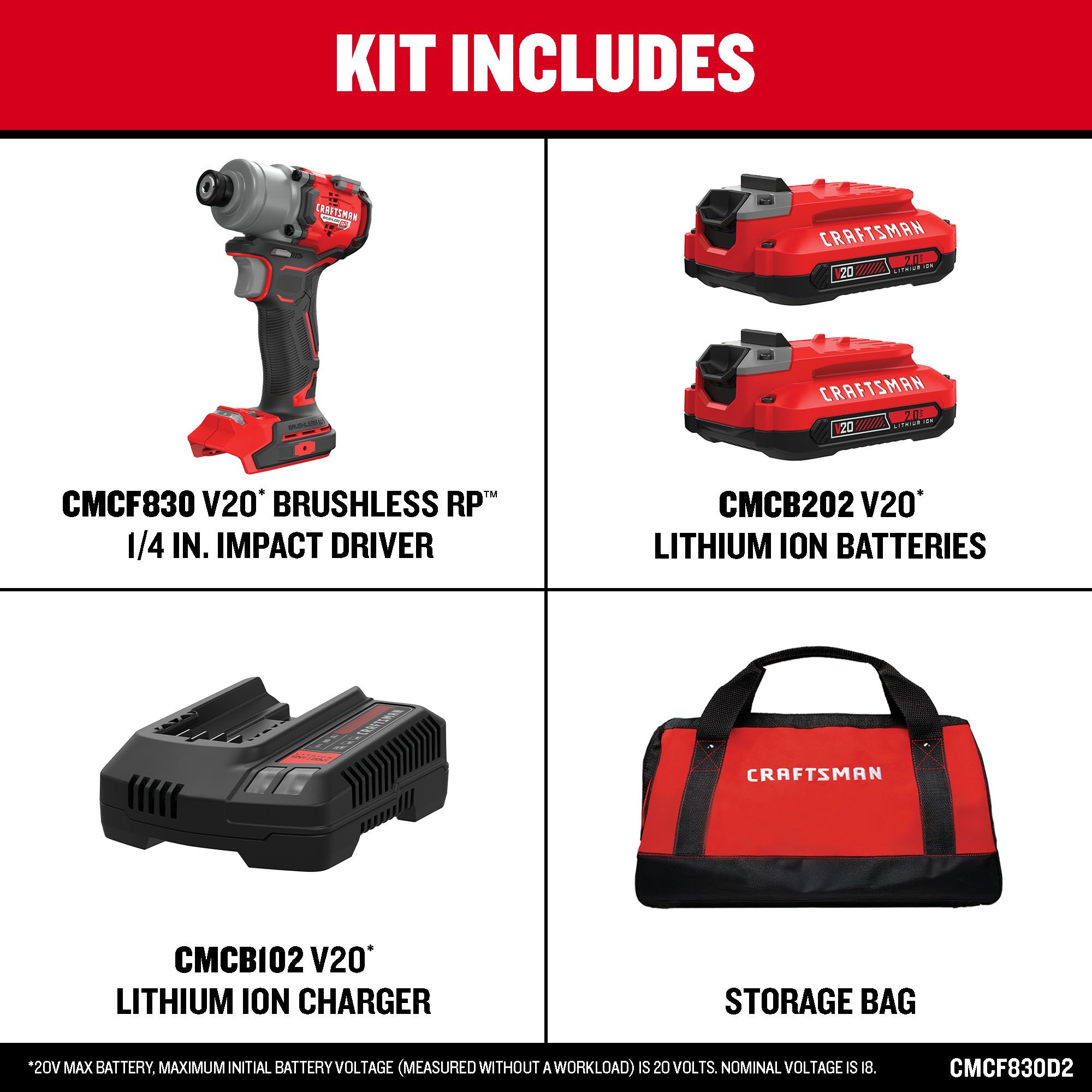 CRAFTSMAN V20 RP 20-volt max 1/4-in Llave de Impacto Inalámbrica sin Escobillas (Incluye Batería, Cargador y Bolsa Suave) CMCF830D2