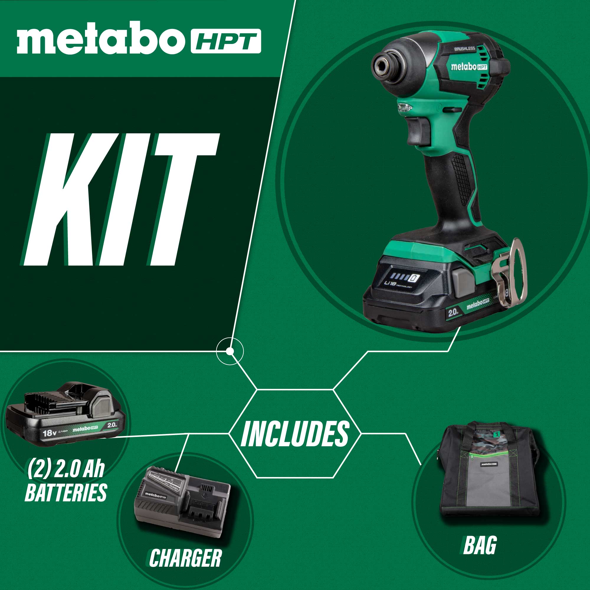 Atornillador de impacto inalámbrico sin escobillas de 1/4 de pulgada de 18 voltios de Metabo HPT (incluye batería, cargador y estuche suave) WH18DEXM